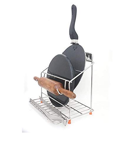 CR18 COLLECTION 100% Rust-Free Stainless Steel Chakla Belan & Tawa Stand - 4-in-1 Kitchen Organizer with Rolling Pin Board Holder & Traditional Cup Holder | Wall Mount Space Saver for Indian Cooking & Baking