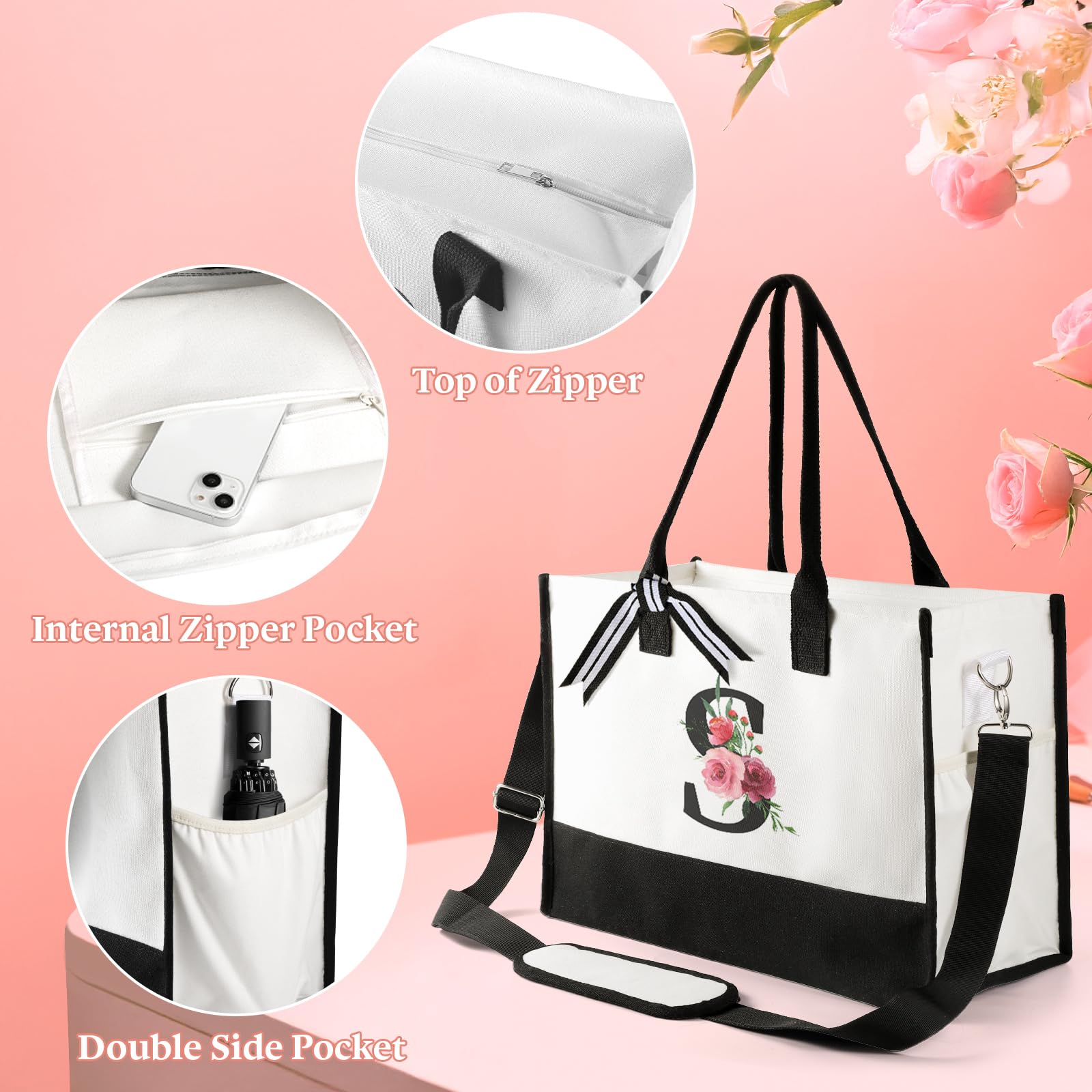 Personalized Canvas Tote Bag for Women - Custom Mother's Day & Birthday Gift with Adjustable Shoulder Strap & Matching Makeup Pouch | Perfect for Shopping, Travel & Daily Use