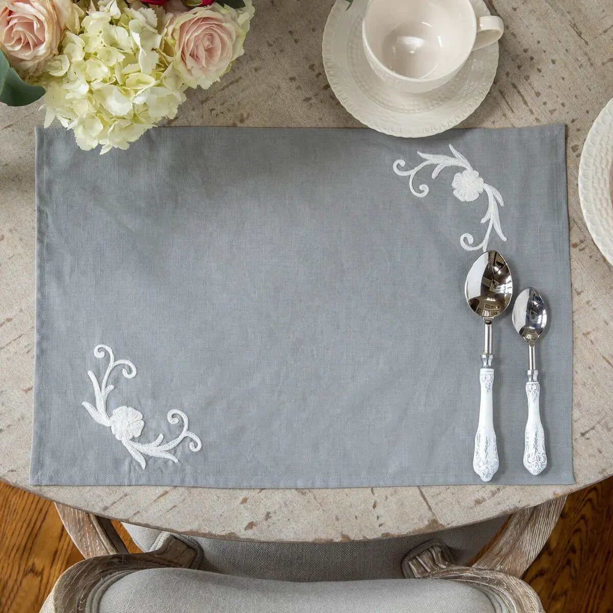 Cosette Embroidered Linen Place Mats Set of 4 - Elegant Table Runner for Dining Room Decor, Wedding & Party Table Setting - Premium Natural Linen Fabric with Exquisite Embroidery