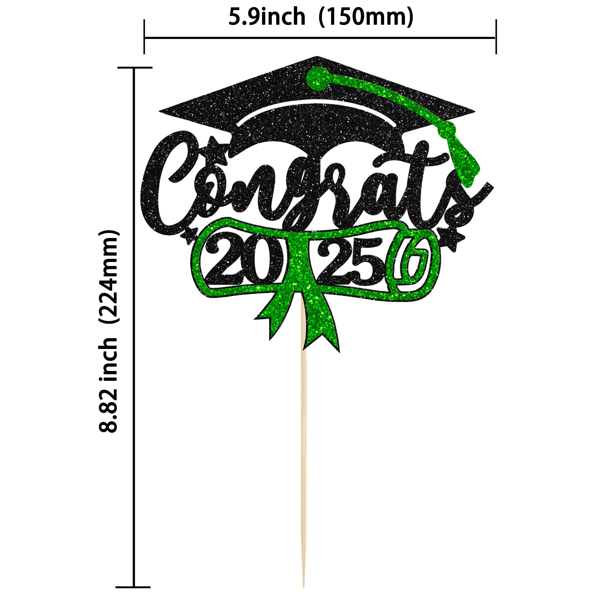2025 Graduation Cake Topper - Green Glitter Congrats Grad Cap & Diploma Decor for Graduation Party Supplies | Perfect for 2025 Graduation Cakes, Cupcakes & Dessert Table Decorations