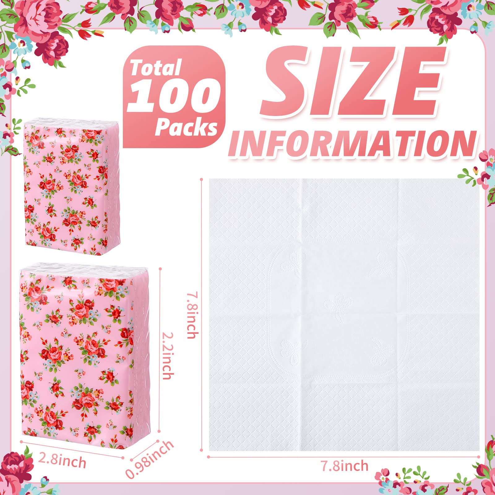 100 Pack Floral Travel Tissue Pockets - Soft 3-Ply Mini Facial Tissues for Wedding, Holiday & Spring Picnic (7 Sheets Each) | Perfect for Purse, Car, Office & On-the-Go Use