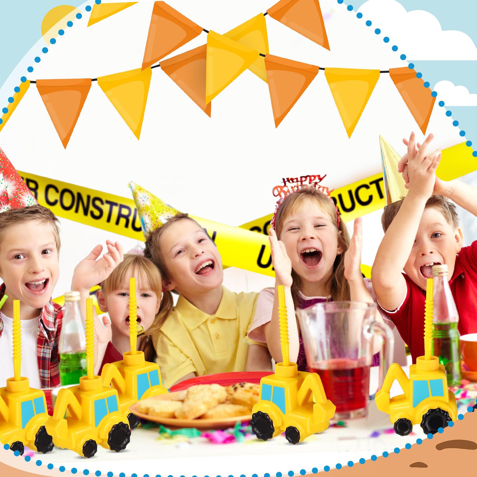 Tanlade 12-Pack Excavator Shaped Reusable Plastic Cups with Straws - Construction Themed Party Supplies for Kids Birthday, Digger Themed Events & Construction Playtime Fun