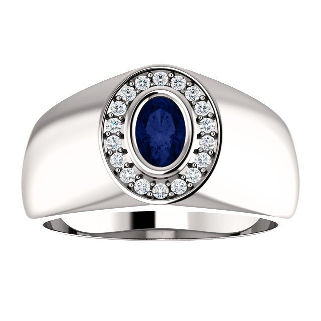 14K Gold Men's Oval Halo Ring with 0.70ct Sapphire & 0.18ctw Diamonds - Elegant Wedding Band, Anniversary Gift for Him, Engagement Jewelry