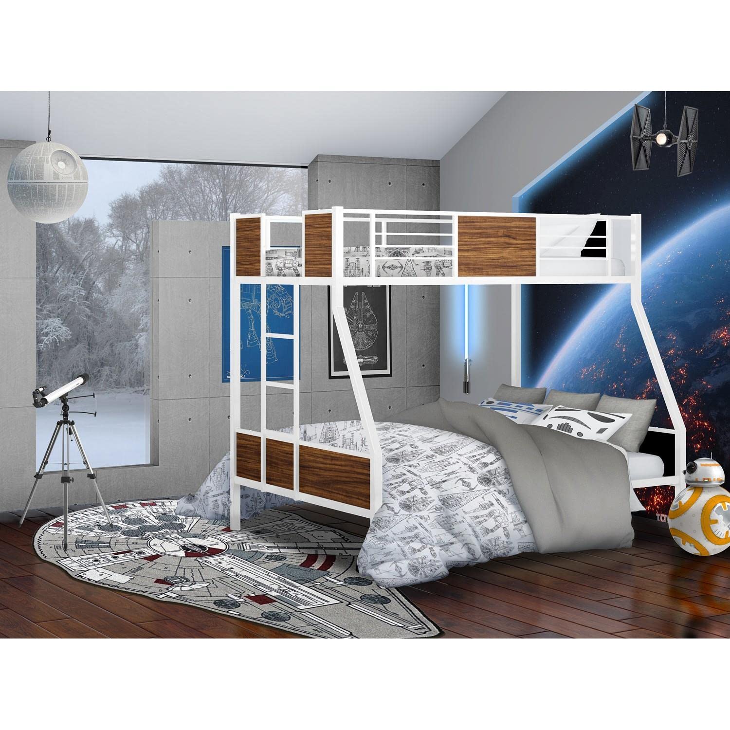 East West Furniture JAFTWHI White Twin Over Full Bunk Bed with Ladder & Guardrails - Split Beds for Kids & Teens - Space-Saving Bedroom Solution for Small Rooms, Guest Rooms & Vacation Homes