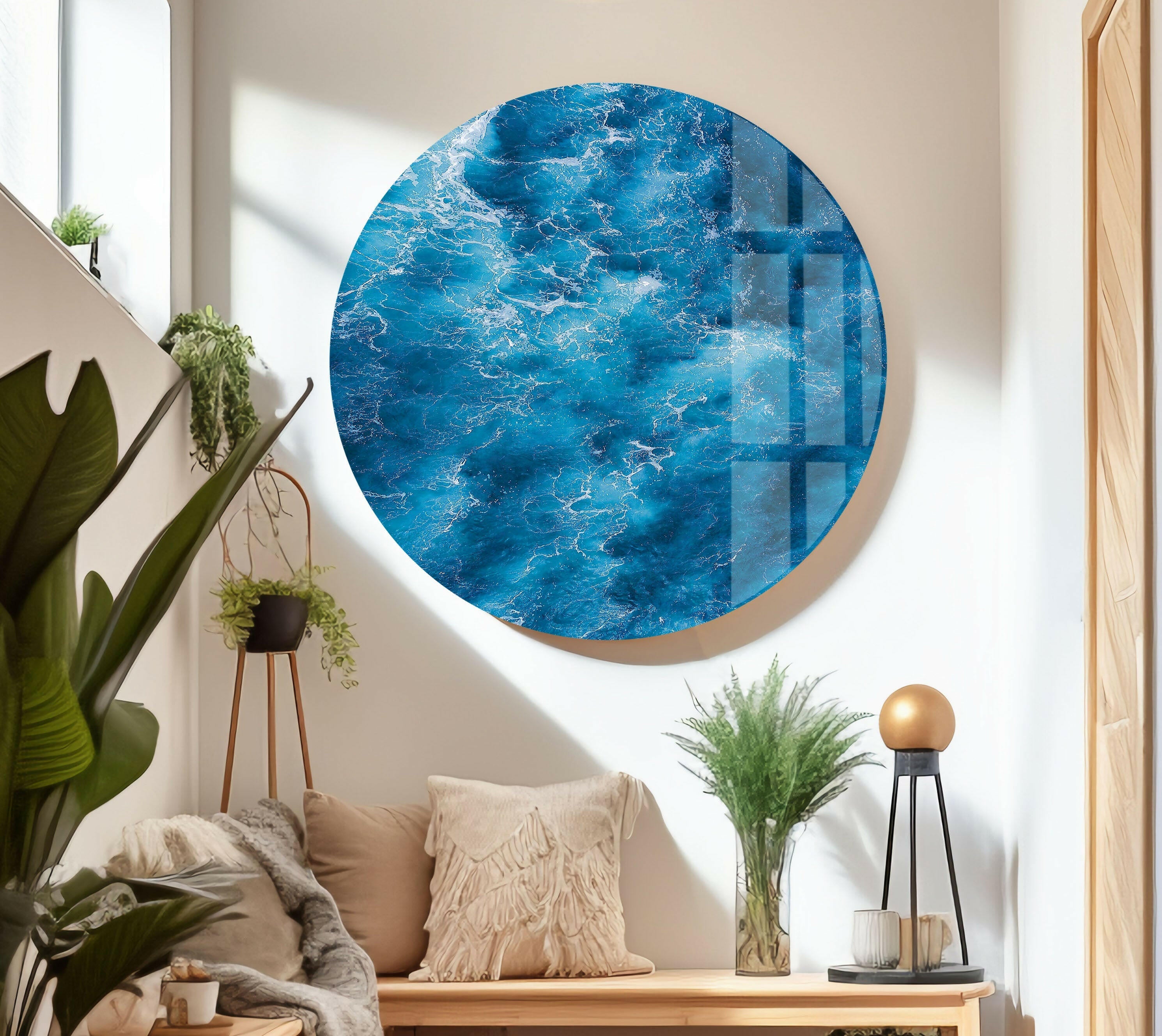 Blue Ocean Waves Glass Wall Art - Handmade Coastal Decor for Living Room, Bedroom & Office - Perfect Beach Theme Home Décor