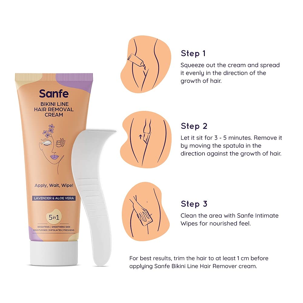 Sanfe Dermatologist-Tested Hair Removal Cream for Sensitive Skin - 50gm with Lavender, Vitamin E, Aloe Vera & Shea Butter - Includes Spatula - Gentle Depilatory Cream for Legs, Arms, Bikini Line & Underarms