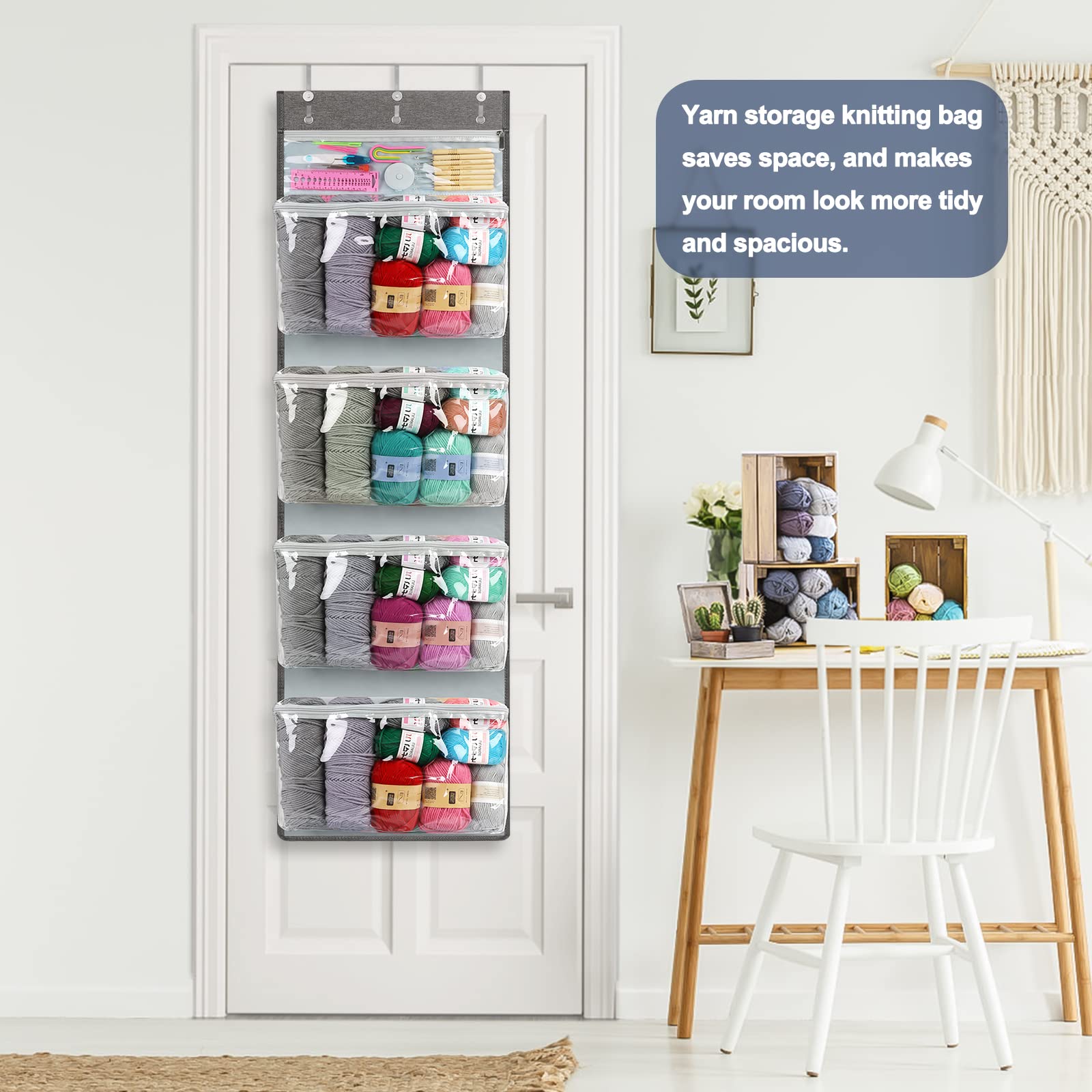 Katech Large Hanging Yarn Storage Organizer with 5 Zipper Pockets - Perfect for Knitting, Crochet & Craft Supplies - Ideal for Yarn Balls, Crochet Hooks & Needles - Space-Saving Wall or Closet Storage Solution for Craft Rooms & Small Spaces