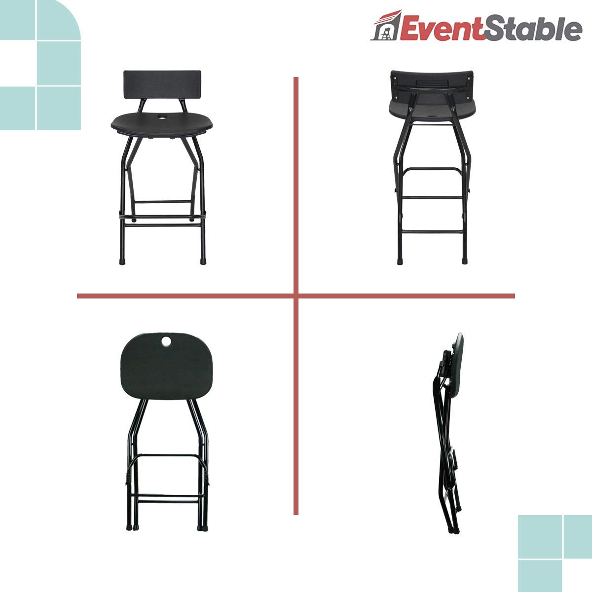 TitanPRO Folding Bar Stool with Backrest - Heavy Duty Black Metal Frame Stool with Ergonomic Back Support - Durable & Sturdy Folding Stools for Outdoor, Kitchen, Shop, Cafe (2 Pack) - Perfect for Patio, Restaurant, Bar Counter and Home Use