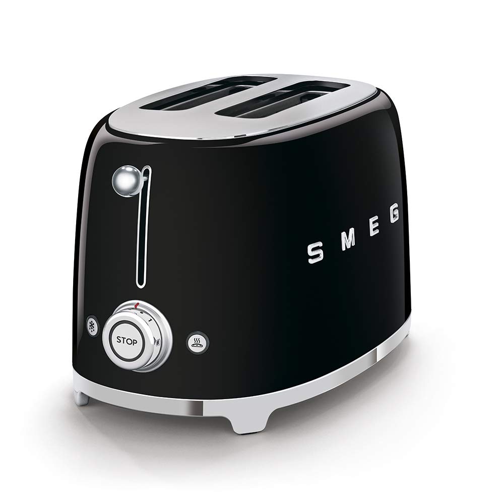 SMEG 2-Slice Toaster with 6 Browning Levels, Defrost & Reheat Functions - Removable Crumb Tray - Retro Stainless Steel Design - Perfect for Breakfast, Brunch & Small Kitchens (Black)