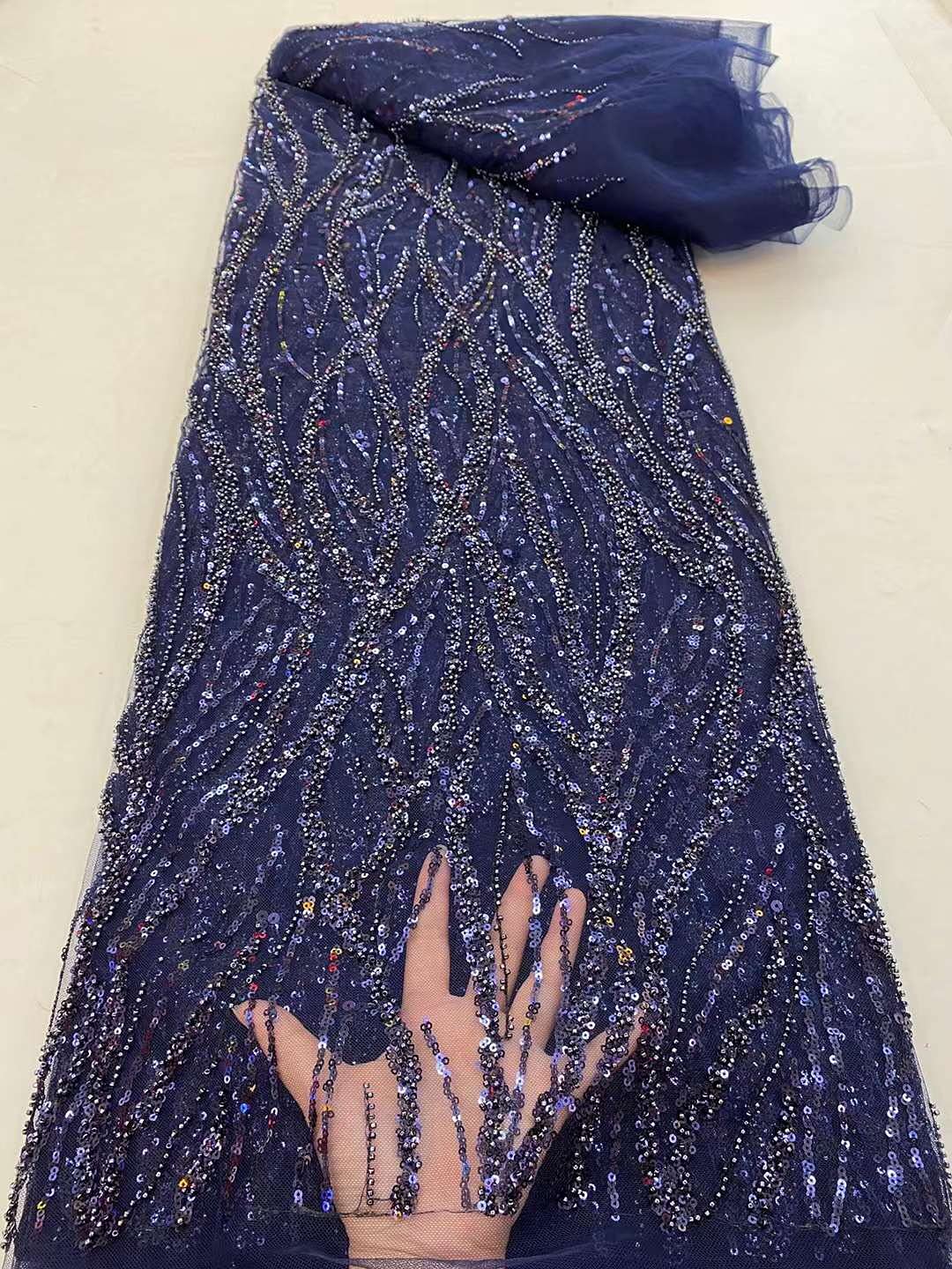 African Wedding Lace Fabric - French Tulle Mesh Lace with Sequins (5 Yards/Piece, Navy Blue) | Perfect for Bridal Gowns, Evening Dresses & Special Occasion Attire