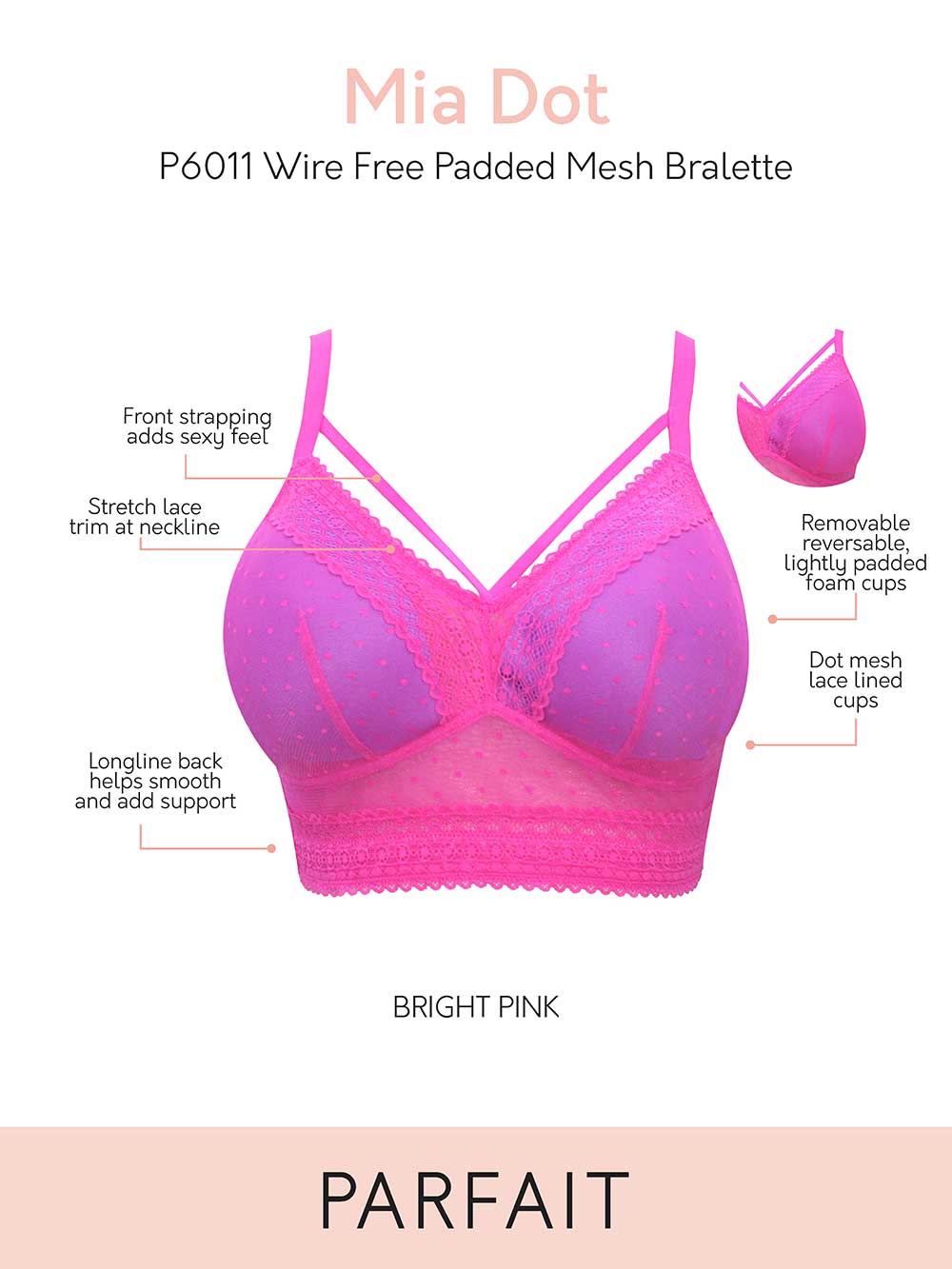 Parfait Mia Dot Wire-Free Padded Mesh Bralette - Bright Pink | Comfortable Seamless Support for Everyday Wear, Yoga & Lounge