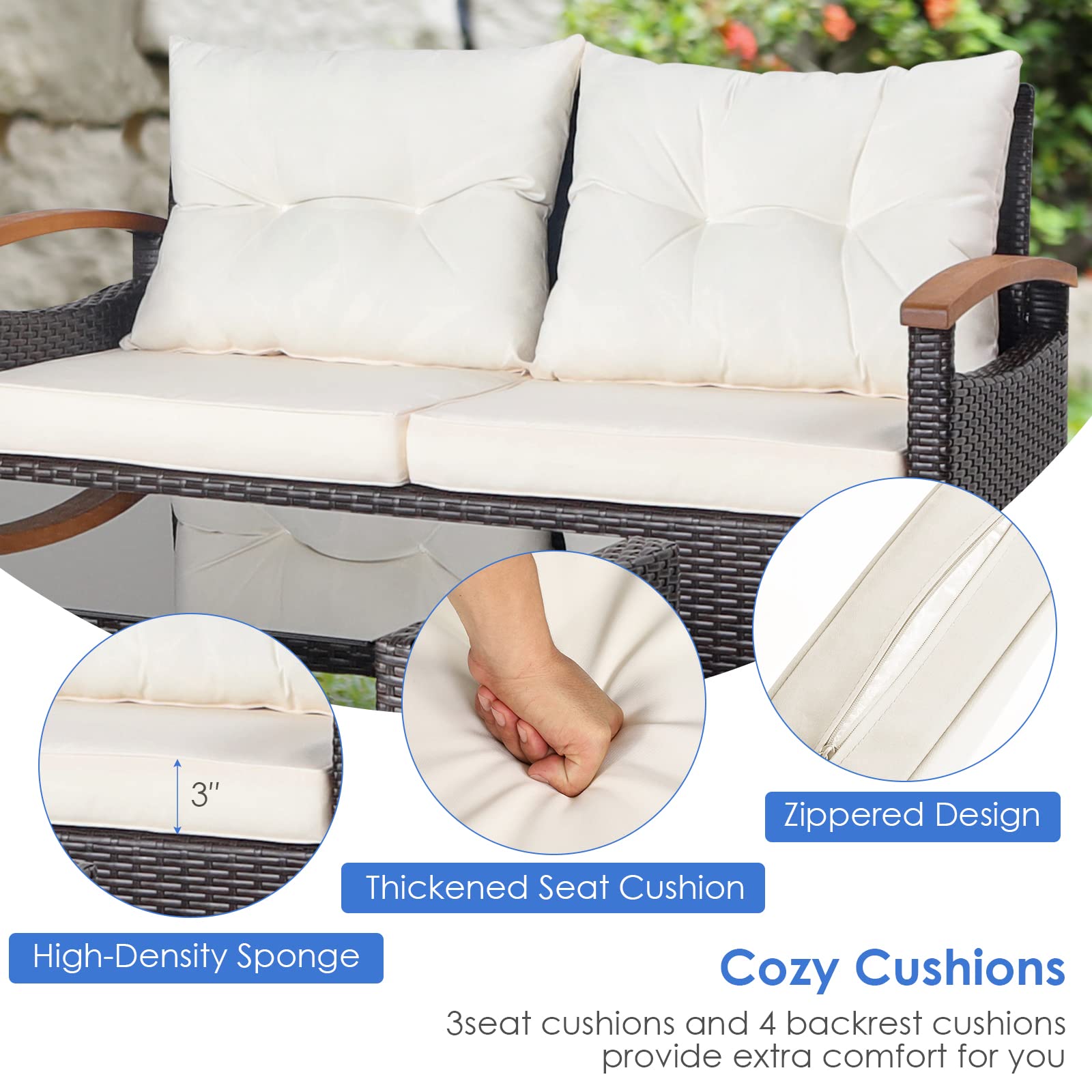 HAPPYGRILL 4-Piece Outdoor Patio Furniture Set - Rattan Sectional Sofa with Soft Cushions & Coffee Table, Wicker Conversation Set with Acacia Wood Armrests - Perfect for Poolside, Garden, Backyard, Deck & Patio Relaxation