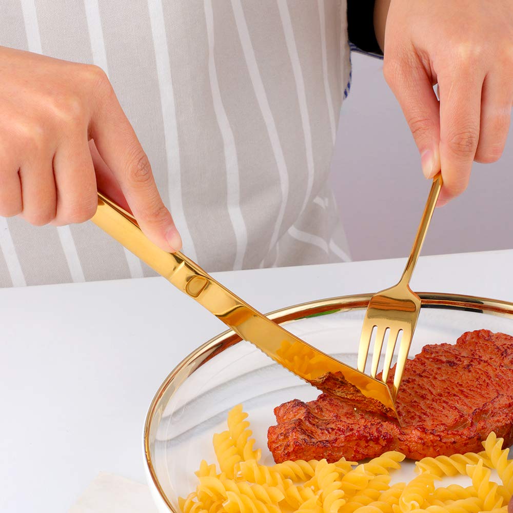 Premium 6-Piece Steak Knife Set - Serrated Stainless Steel Steak Knives with Gold Handles - Dishwasher Safe for Easy Cleaning - Perfect for Steak Dinners, BBQs & Fine Dining by QIBORUN