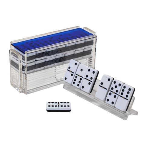 Premium Domino Set with Wooden Racks - Classic Blue Double-Six Dominoes for Family Game Night, Parties, and Outdoor Gatherings