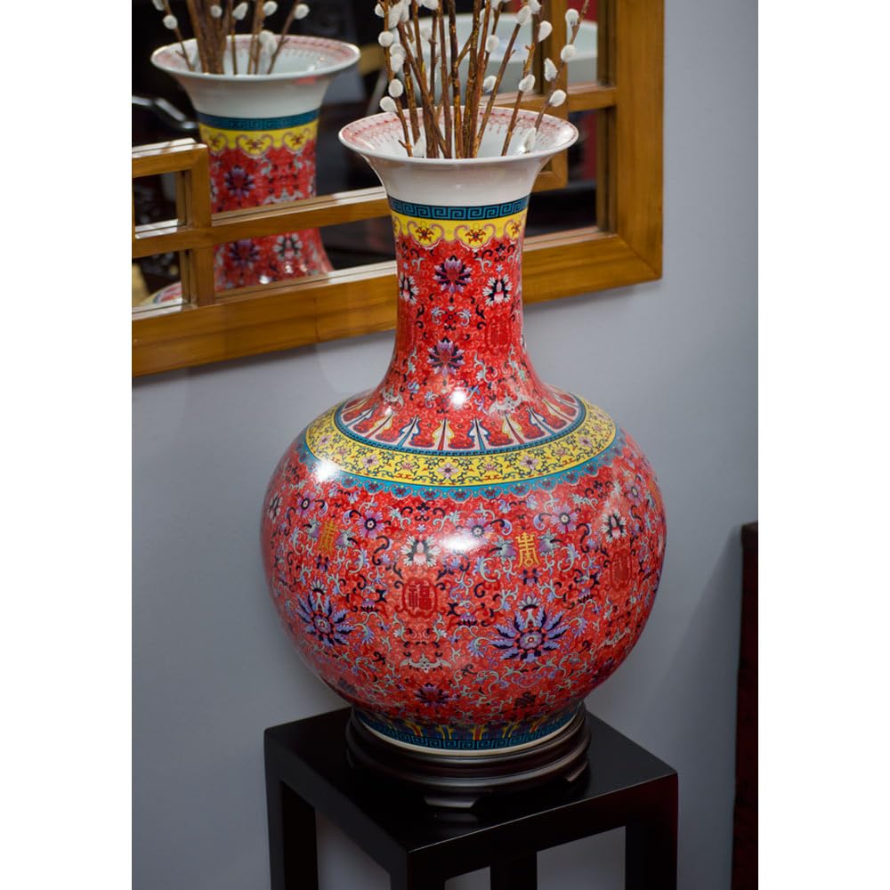 Antique Imperial Red Chinese Porcelain Temple Vase - Handcrafted Asian Home Decor for Living Room, Office & Feng Shui Display