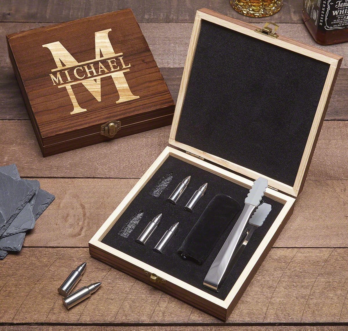 Premium Whiskey Stones Gift Set - Oakmont Bullet Ice Cubes for Chilling Whiskey, Bourbon & Scotch - Reusable & Non-Diluting - Perfect for Home Bars, Gifts & Cocktail Parties