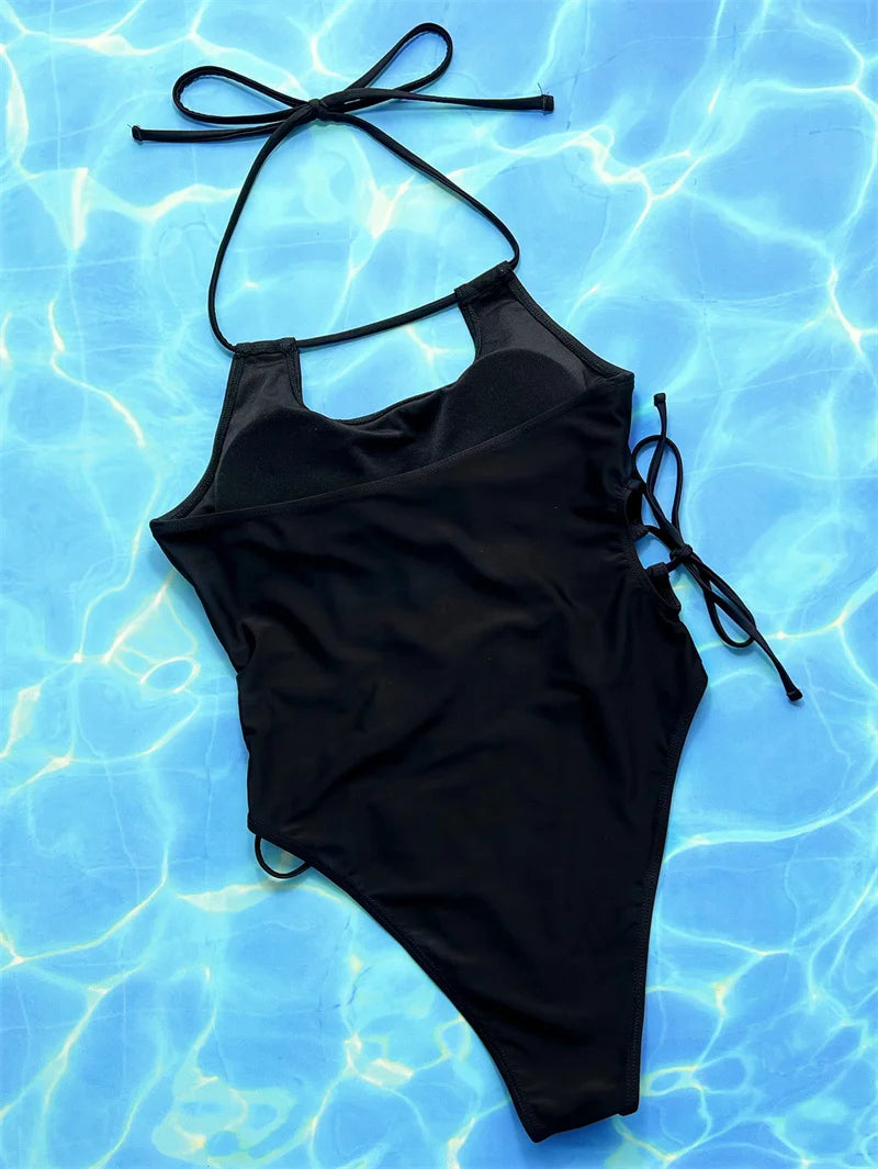 Sexy Black Halter One Piece Swimsuit for Women - 2024 High Waist Monokini with Drawstring & Hollow Out Design | Perfect for Beach Vacation, Pool Party and Summer Getaways
