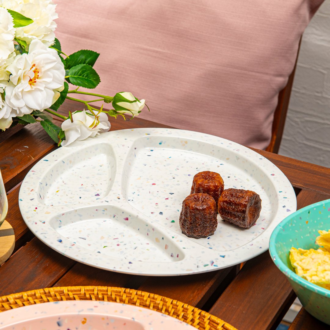2PC Confetti Divided BBQ Plate - White | Durable Melamine Serving Plates for Outdoor Picnics, BBQs, and Parties