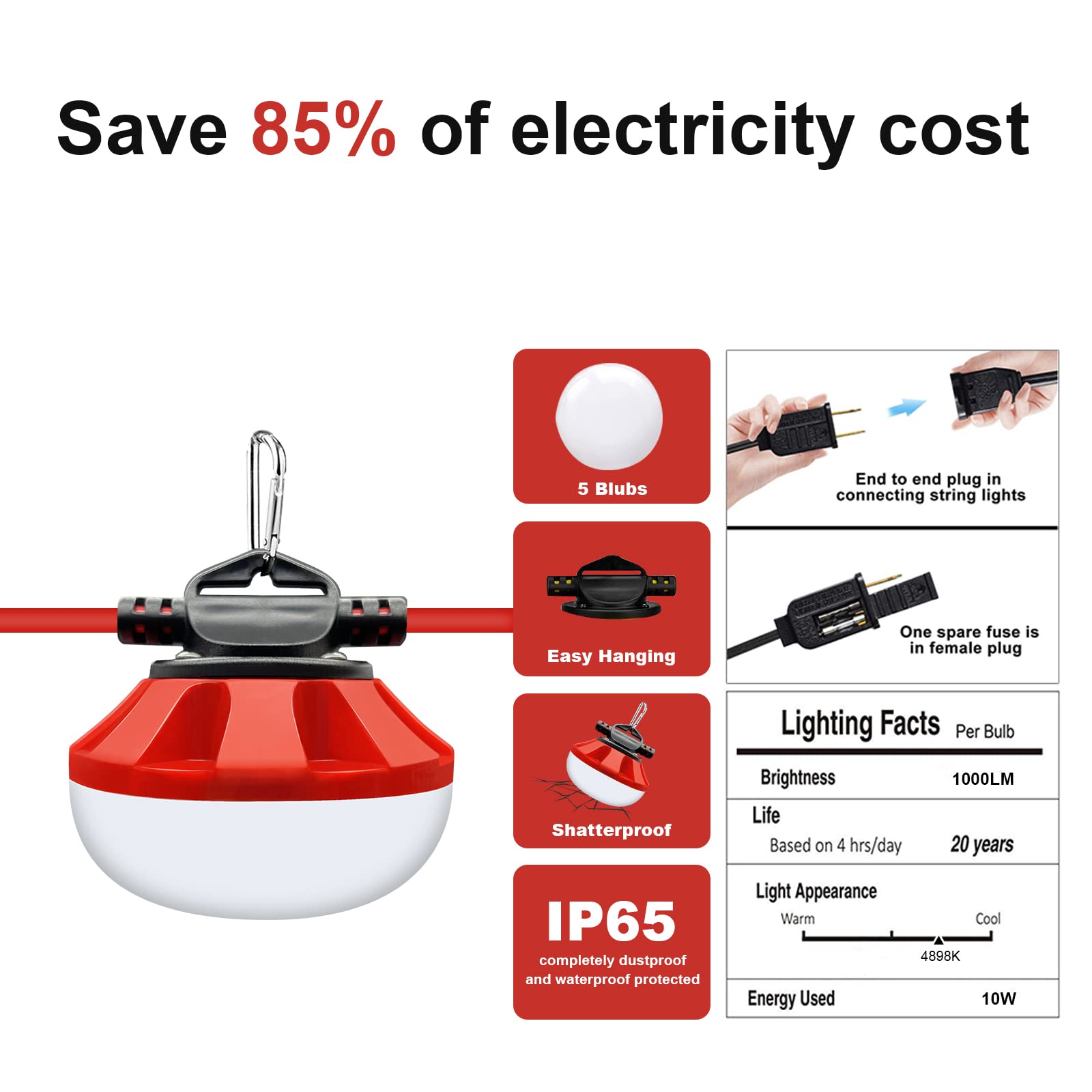 50FT LED Construction String Lights - 50W 5000LM Super Bright Outdoor Work Lights with 5 Medium Base Sockets & Hook - IP65 Waterproof Shatterproof for Job Site, Warehouse, Underground - Perfect for Construction Areas, Backyard Parties, and Emergency Lighting
