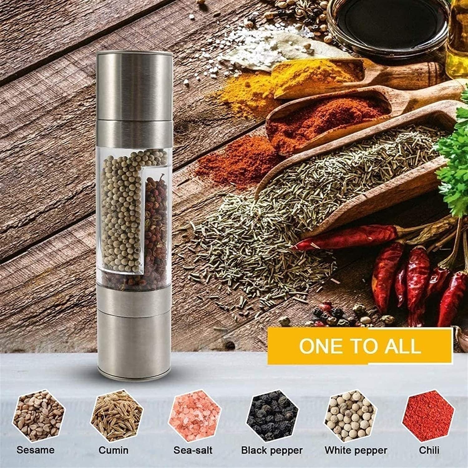Premium Stainless Steel Salt and Pepper Grinder Set - 2-in-1 Adjustable Ceramic Mill with Clear Acrylic Chambers for Freshly Ground Spices, Herbs & Seasonings - Perfect for Kitchen, Dining Table & Outdoor Cooking