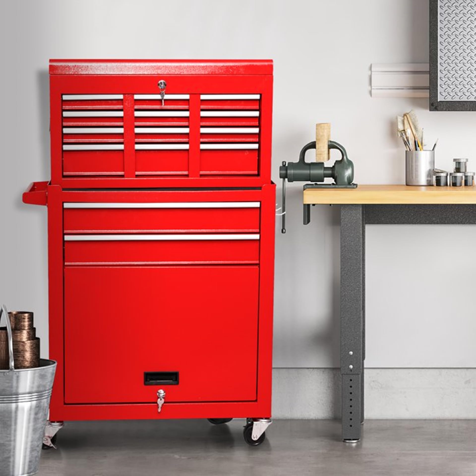 8-Drawer Rolling Tool Chest - Heavy Duty 2-in-1 Tool Box Organizer with Lockable Wheels & Sliding Drawers, Detachable Top for Garage Workshop Storage Cabinet (Red) - Perfect for Mechanics, DIY Enthusiasts & Professional Tool Organization