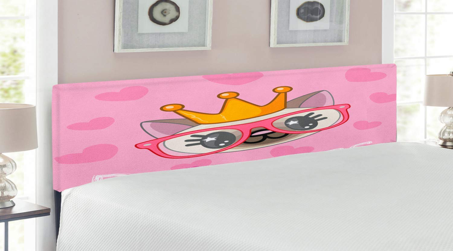 Ambesonne King Size Upholstered Headboard with Memory Foam - Happy Cartoon Cat with Glasses & Hearts Design in Yellow & Pink | Decorative Metal Bed Frame for Girls' Bedroom, Dorm & Guest Room