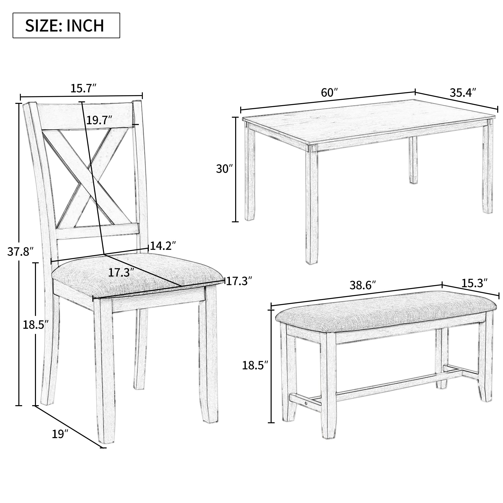 Harper & Bright Designs 6-Piece Wooden Dining Table Set with Bench - Rectangular Kitchen Table & Chairs for 6 - Espresso & Grey Home Furniture - Perfect for Family Dinners, Entertaining Guests & Small Space Dining Rooms
