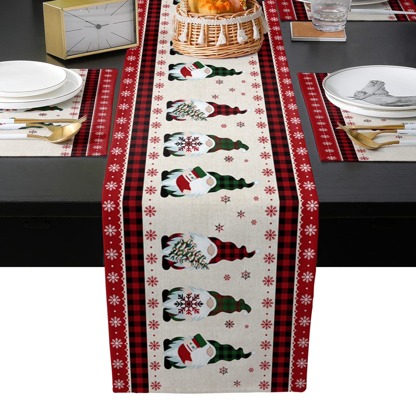 Merry Christmas Gnome & Snowflake Buffalo Plaid Table Runner Set - 90 Inch Heat Resistant Cotton Linen Dining Table Runner with 4 Washable Placemats for Home Kitchen Decor | Holiday Dinner Party & Festive Table Setting