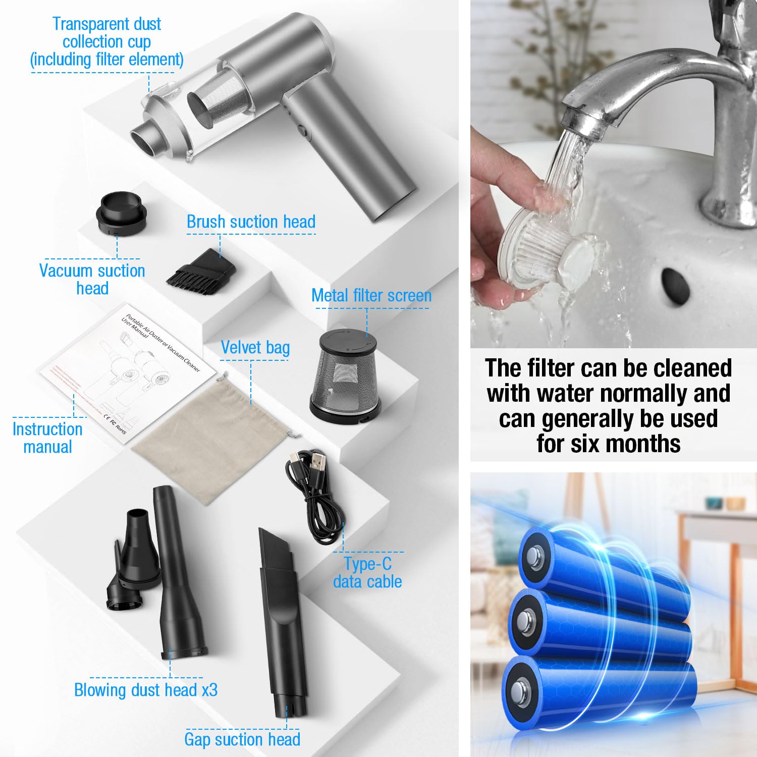 Cordless Car Vacuum 16000PA - 4-in-1 Handheld Cleaner for Car, Home & Office