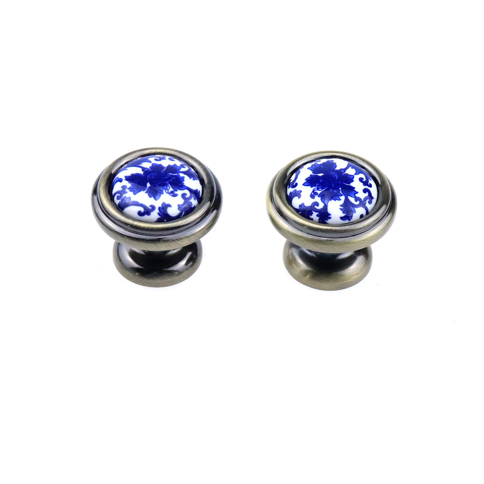 Antique Bronze Blue Floral Ceramic Knobs - Pack of 4 for Cabinets & Drawers