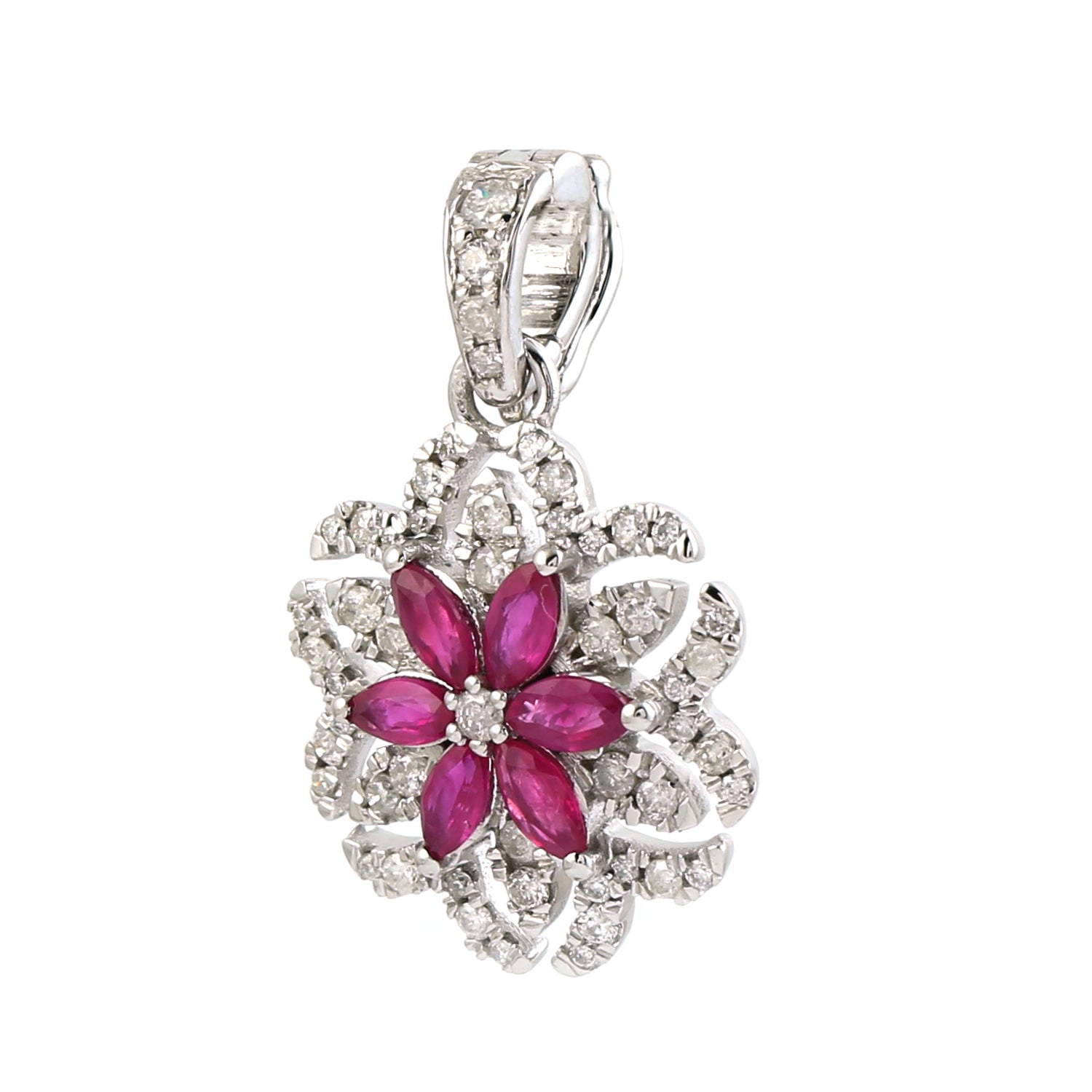 18K White Gold Marquise Cut Ruby & Diamond Floral Charm Pendant | Elegant Jewelry Gift for Women, Perfect for Weddings, Anniversaries & Special Occasions