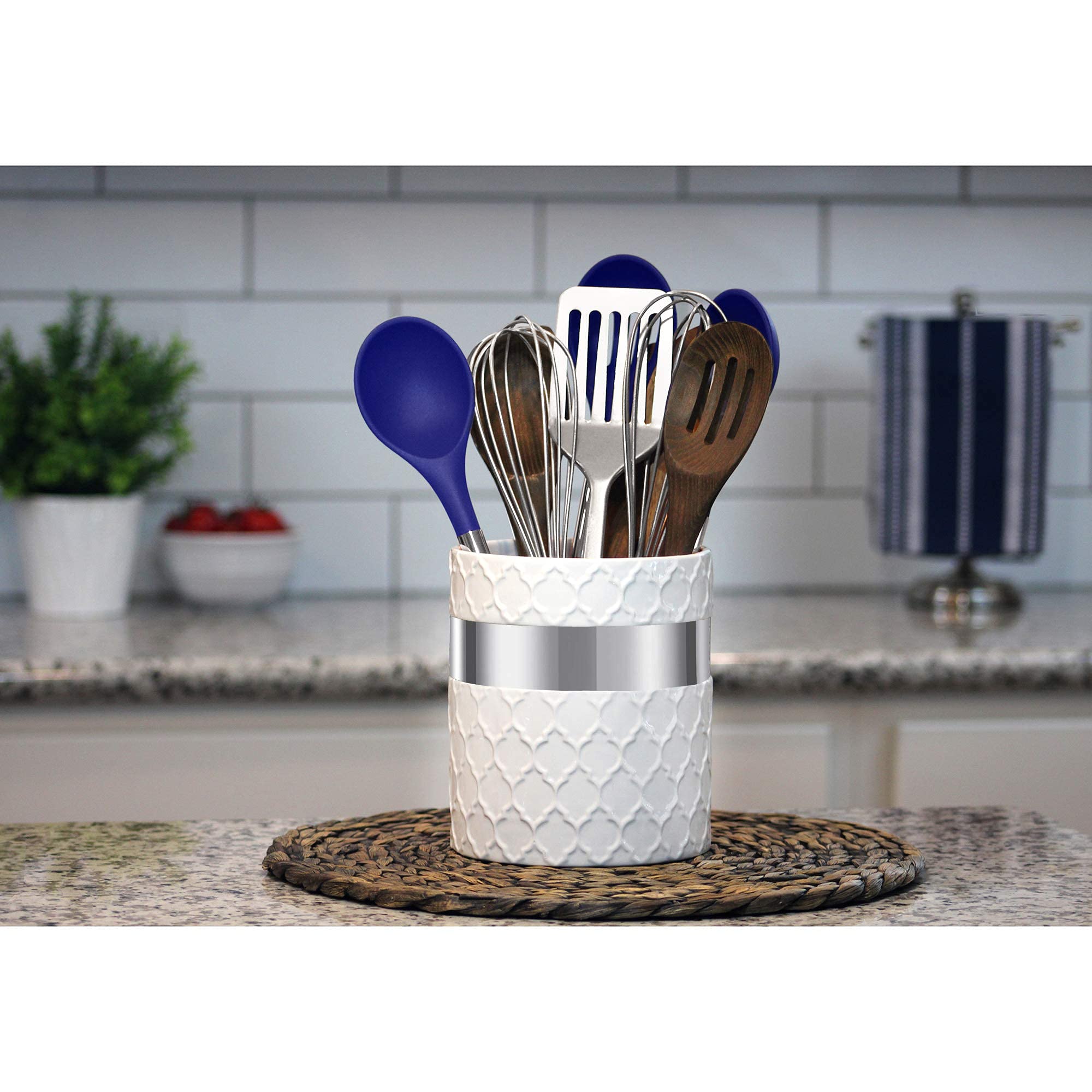 Home Acre Designs Large Ceramic Farmhouse Kitchen Utensil Holder - White & Silver Countertop Crock Organizer | Perfect for Farmhouse, Rustic & Modern Kitchens
