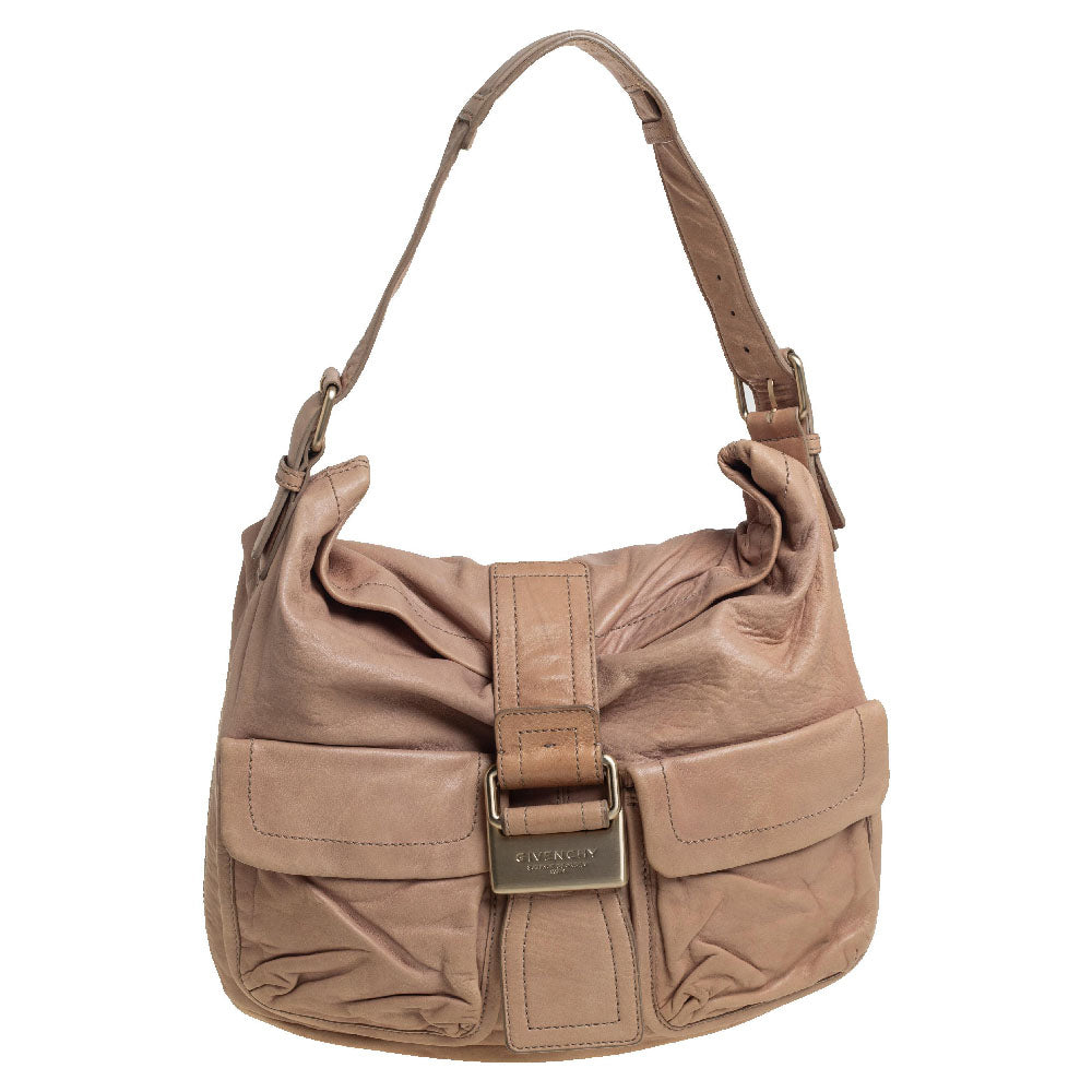 Stylish Beige Leather Hobo Bag with Front Pocket - Perfect for Work, Travel & Everyday Use