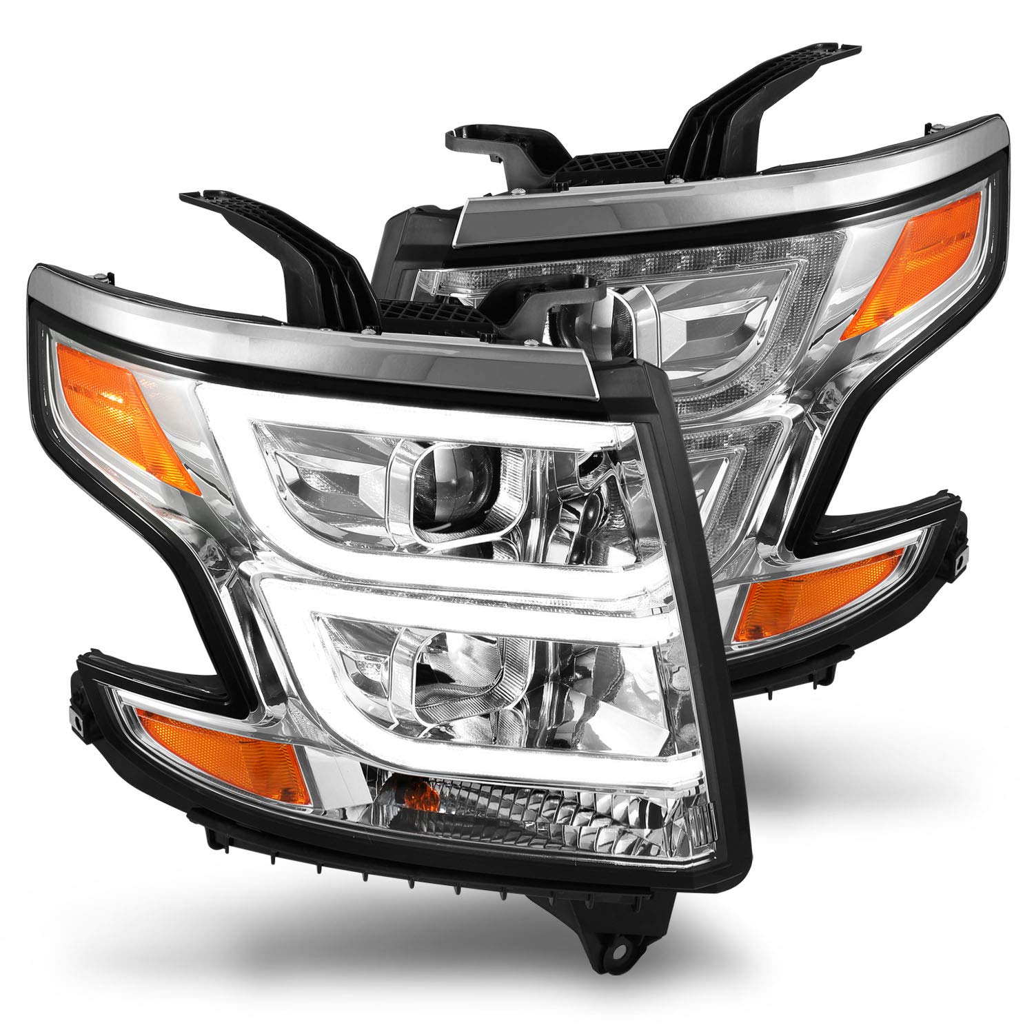 APA Tahoe Suburban 2015-2019 Chrome Projector Headlight Lamps Set - LED Light Bar Style for Off-Road & Night Driving - Upgrade Your Truck's Lighting System