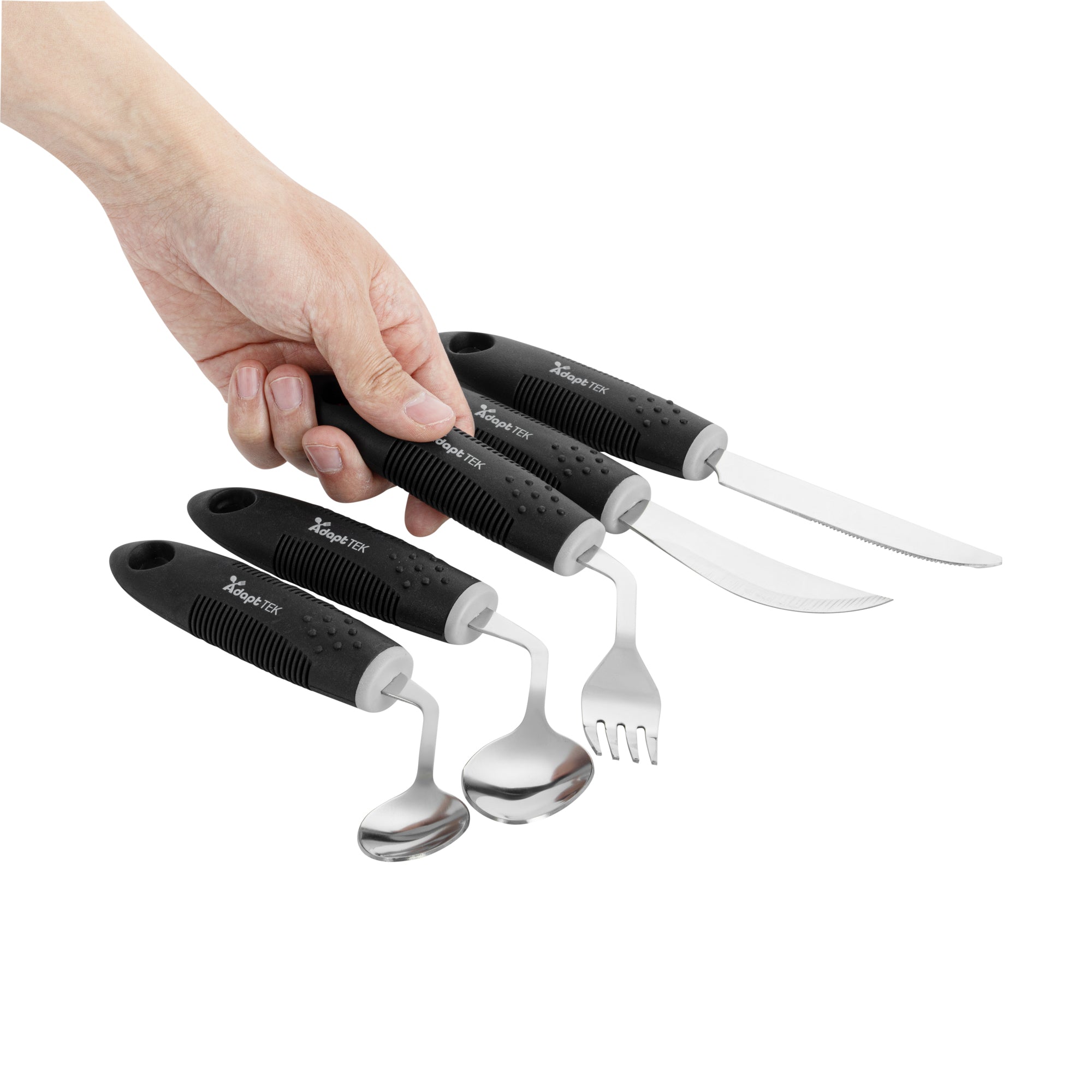 Adapt Tek Black Stainless Steel 5-Piece Adaptive Offset Utensil Set for Left-Handed Users - Lightweight, Non-Slip Grip, Ergonomic Design - Ideal for Arthritis, Limited Mobility & Elderly Care (1 Count) - Perfect for Cooking, Dining & Assisted Living