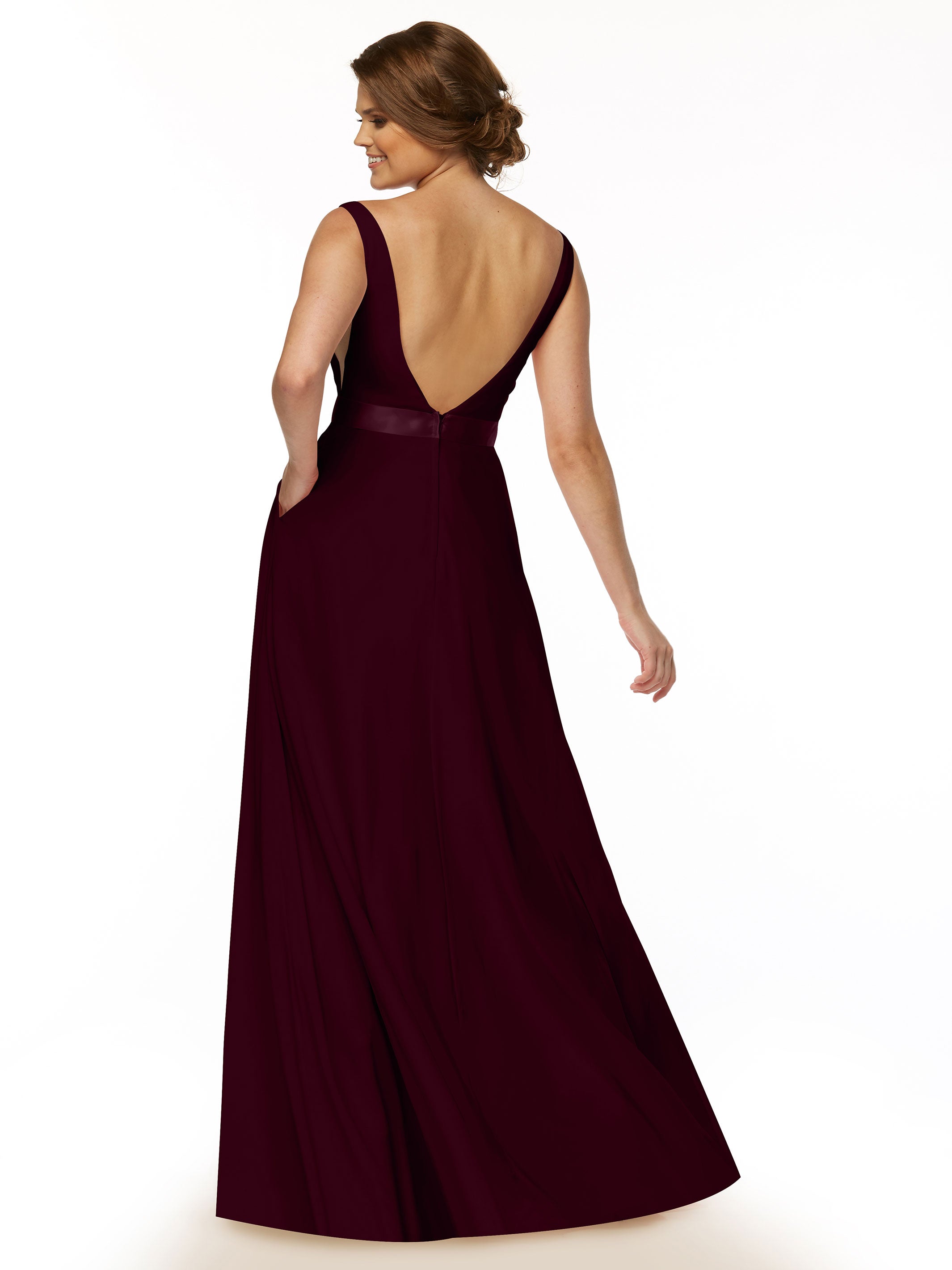 Elegant 80117 Stretch Chiffon A-Line Bridesmaid Dress with V-Neck & Sash - Perfect for Weddings, Formal Events & Special Occasions