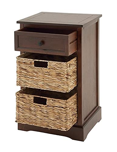Urban Designs 7767169 Malibu 3-Drawer Nightstand with Wicker Baskets - Medium Coffee Finish - Bedside Table for Bedroom, Living Room, or Guest Room Storage