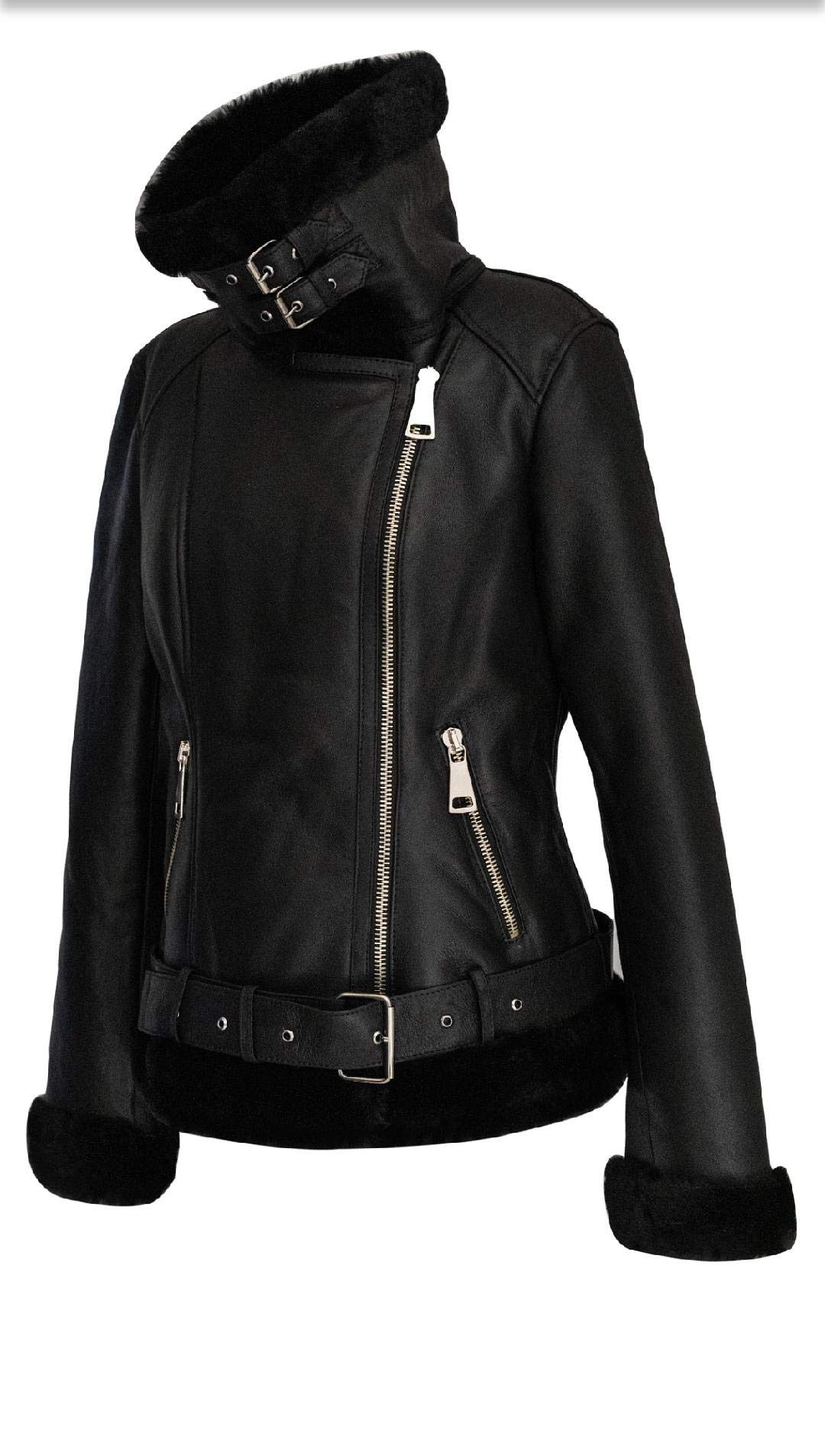 Women's Genuine Sheepskin Shearling Leather Bomber Jacket - 100% Natural Wool Fur Aviator Pilot Coat (Black with Fur) | Vintage WWII Style Winter Outerwear for Cold Weather & Fashion Statement
