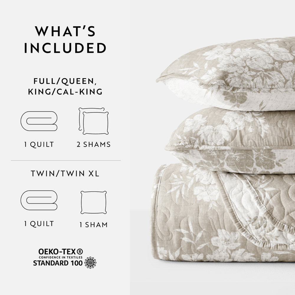 Distressed Bouquet Reversible Quilted Coverlet Set - Queen Size Bedding with Matching Shams - Farmhouse Chic Style for Cozy Bedroom Decor
