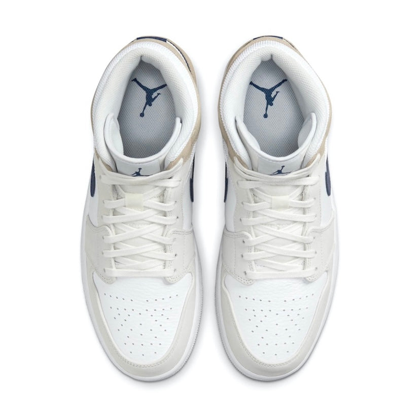 Air Jordan 1 Mid Sneakers - Tan Suede & White Leather with Blue Void & Team Red Accents | Men's Basketball Shoes for Casual Wear & Street Style