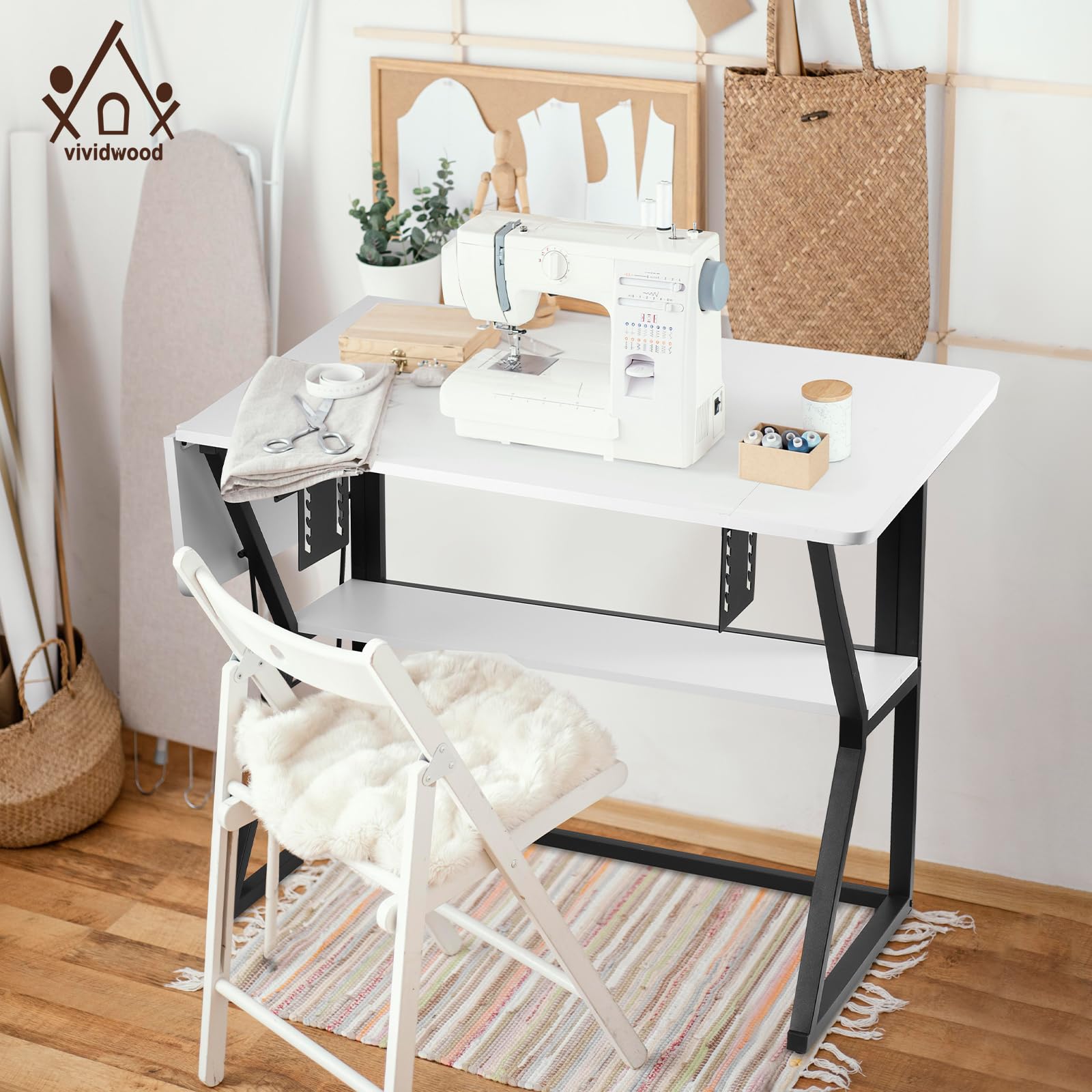 Adjustable Sewing Machine Table with Storage Shelf - Large White Sewing Table for Quilting, Crafting & DIY Projects - Perfect for Home Studios & Hobbyists