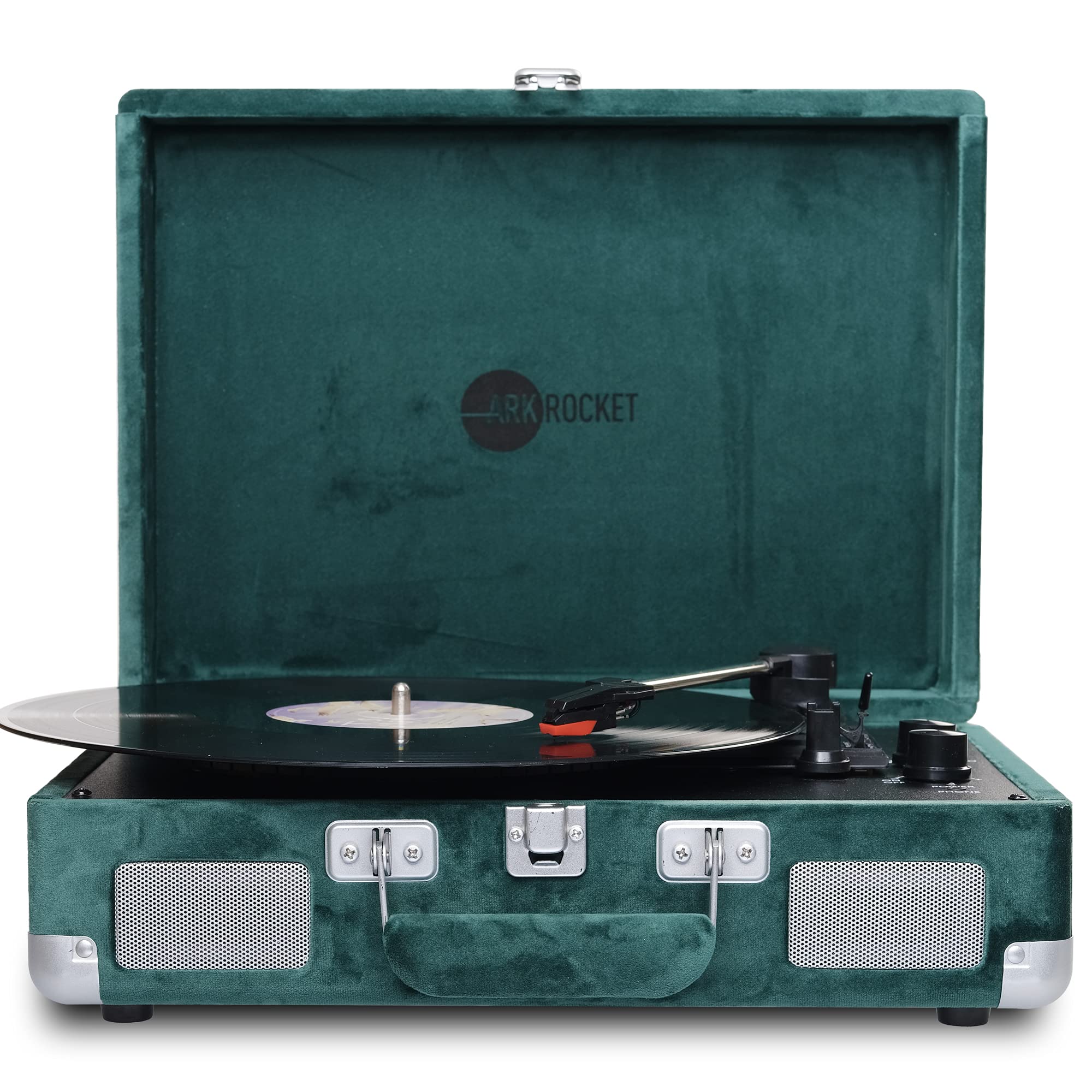 Arkrocket Vintage Bluetooth Turntable - 3-Speed Retro Suitcase Record Player with Built-in Speakers, Dark Green Velvet - Perfect for Home Decor, Vinyl Collection & Gift Giving