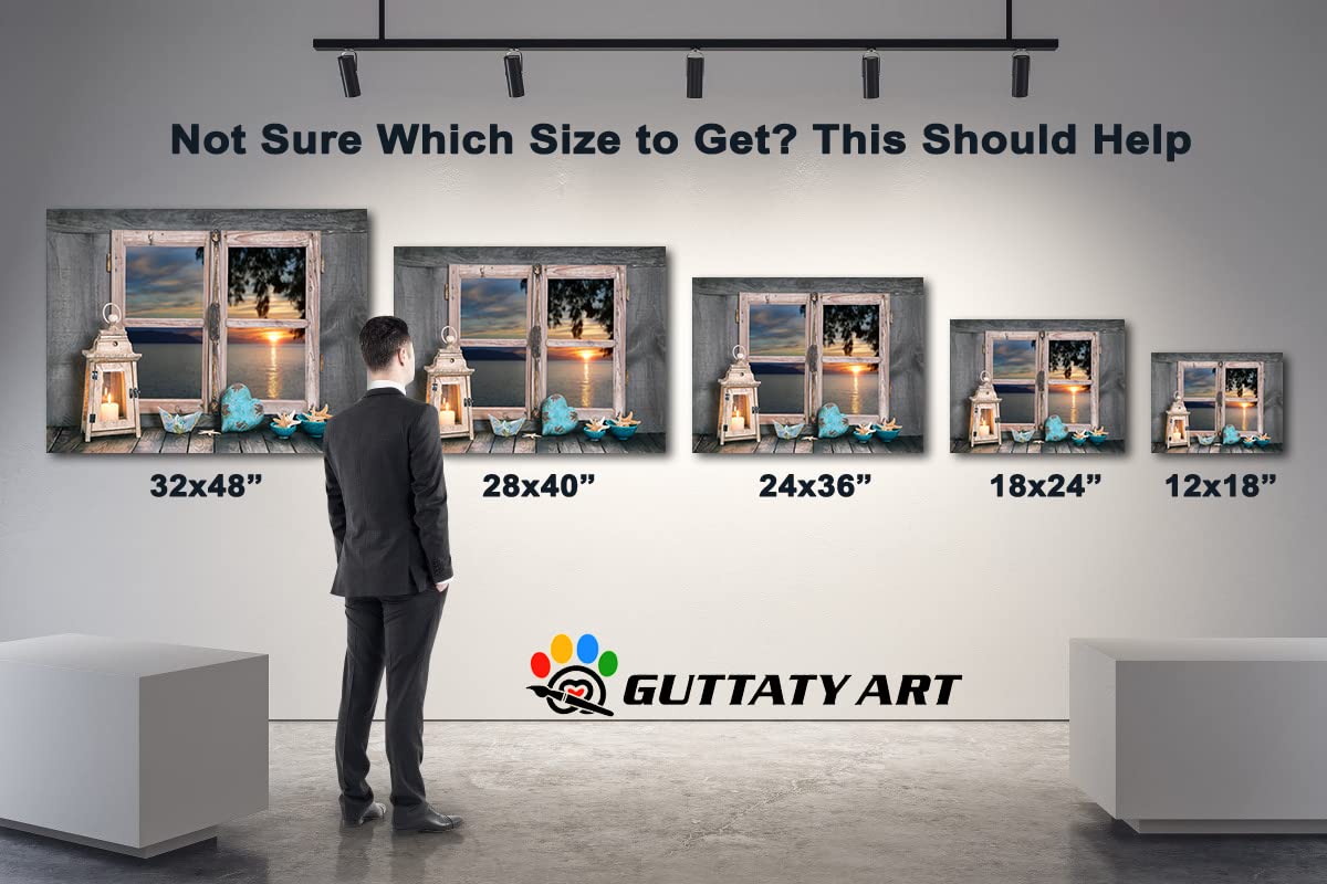 GUTTATY Large Sunrise and Beach Canvas Wall Art - Coastal Ocean Painting for Living Room Decor - Framed Seascape Canvas Print (32x48 Inches) - Perfect for Beach House, Bedroom, or Office Wall Decoration