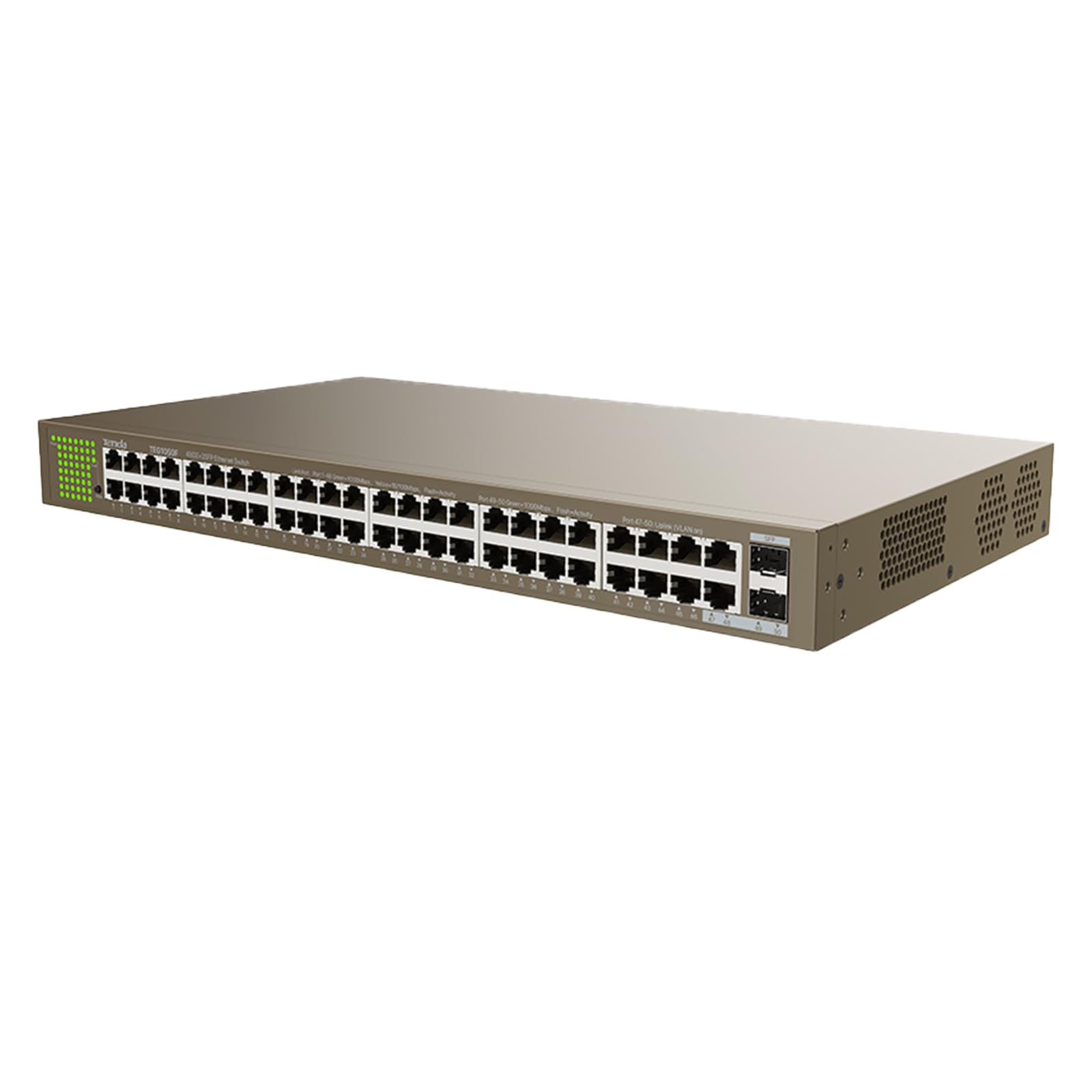 Tenda 50 Port Gigabit Ethernet Switch - Unmanaged Network Switch with 48 RJ45 Ports & 2 SFP Ports, Desktop or 19 Inch Rack Mount, Plug and Play, Steel Housing (TEG1050F) - Ideal for Office Networks, Data Centers, and Home Server Setups