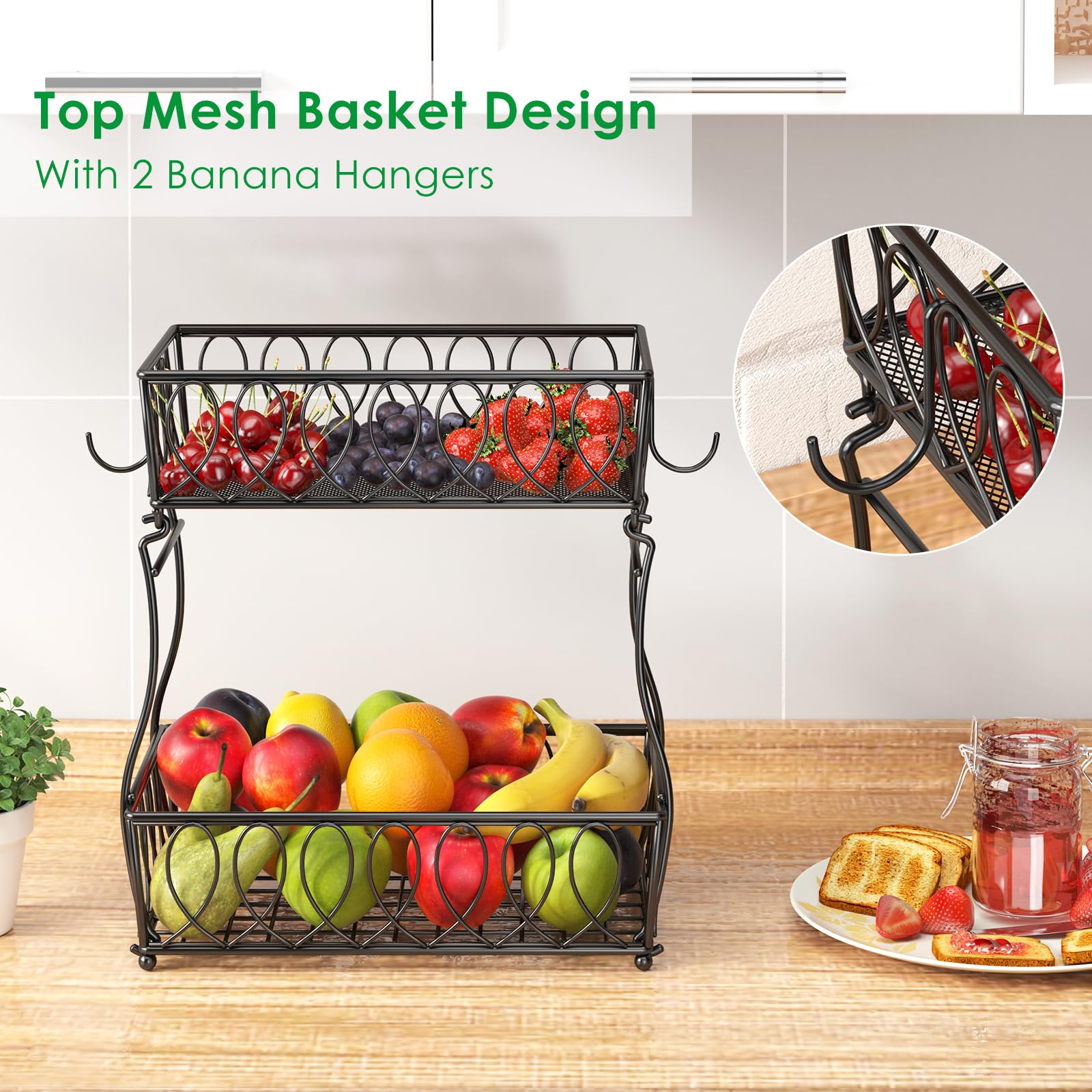 2-Tier Countertop Fruit Basket & Bread Bowl - 13.8-Inch Black Wire Storage Basket for Kitchen, Vegetables, Potatoes, Onions | Perfect for Pantry Organization & Countertop Display