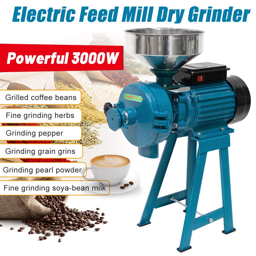 3000W Commercial Electric Grain Mill Grinder - 110V Wet & Dry Cereals Grinder for Corn, Wheat, Coffee & Feed - Heavy Duty Flour Mill with Funnel - Perfect for Bakeries, Farms & Home Kitchens