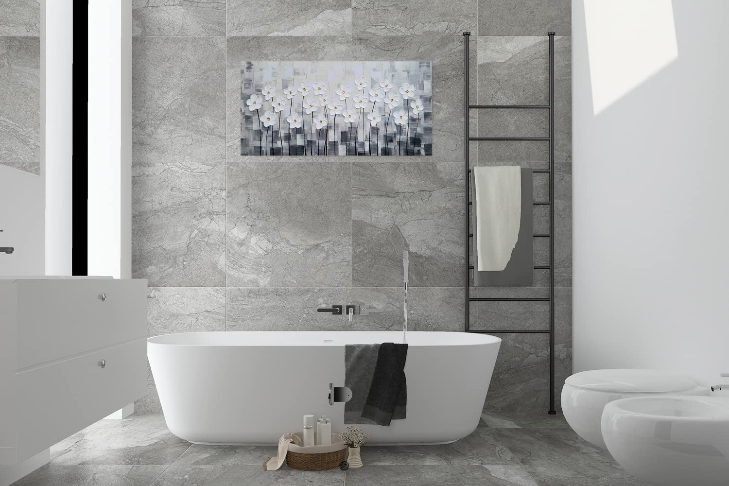 SYGALLERIER White Floral Canvas Wall Art - Hand Painted 3D Modern Abstract Painting - Grey and White Pictures for Living Room, Bedroom, Office & Home Decor - Perfect for Modern Interior Design & Wall Decoration