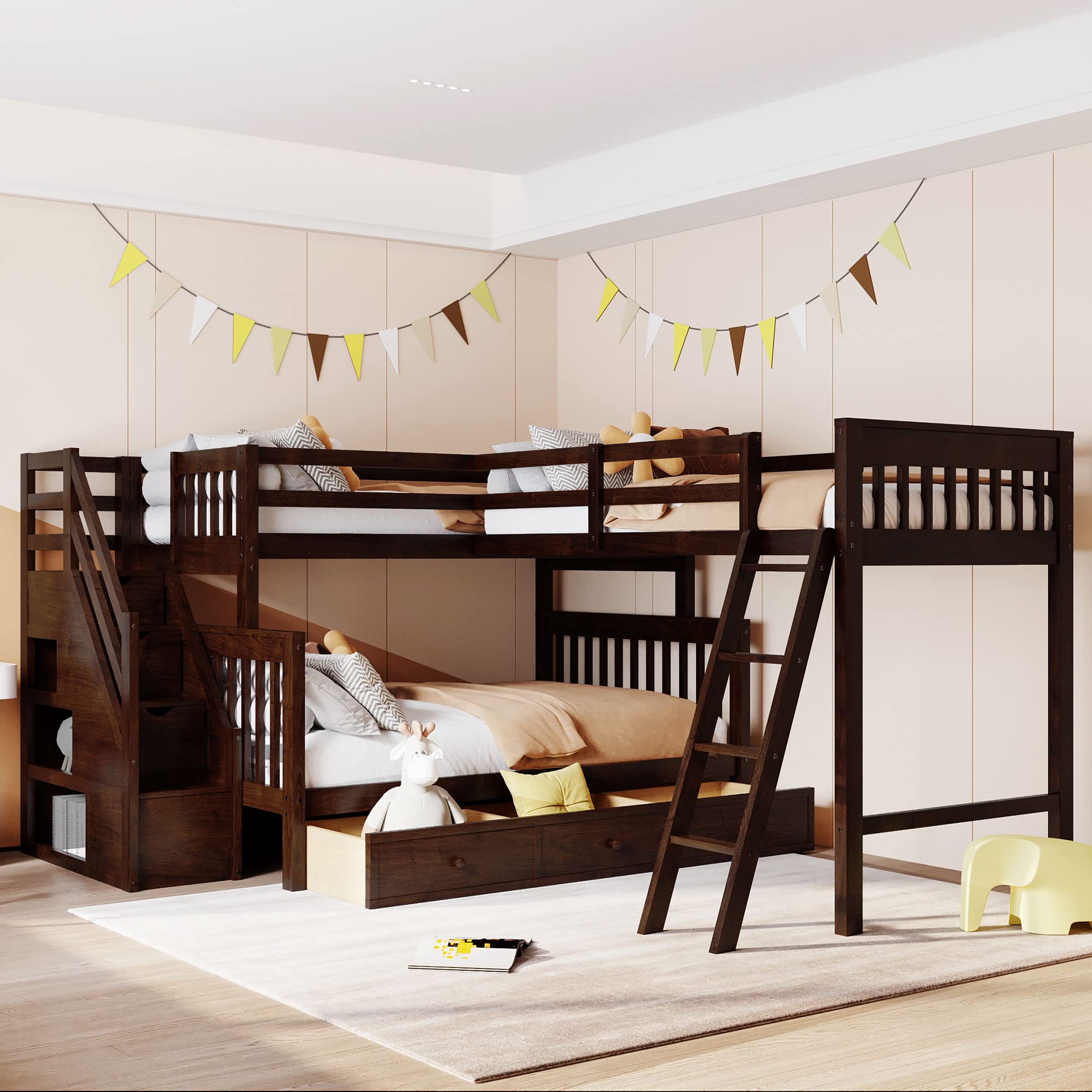 **Solid Wood Triple Bunk Bed for Kids - Twin Over Full with 3 Drawers, Ladder & Staircase - Sturdy 3-Tier Bed Frame for Siblings - Perfect for Small Bedrooms & Shared Kids' Rooms (Brown)**