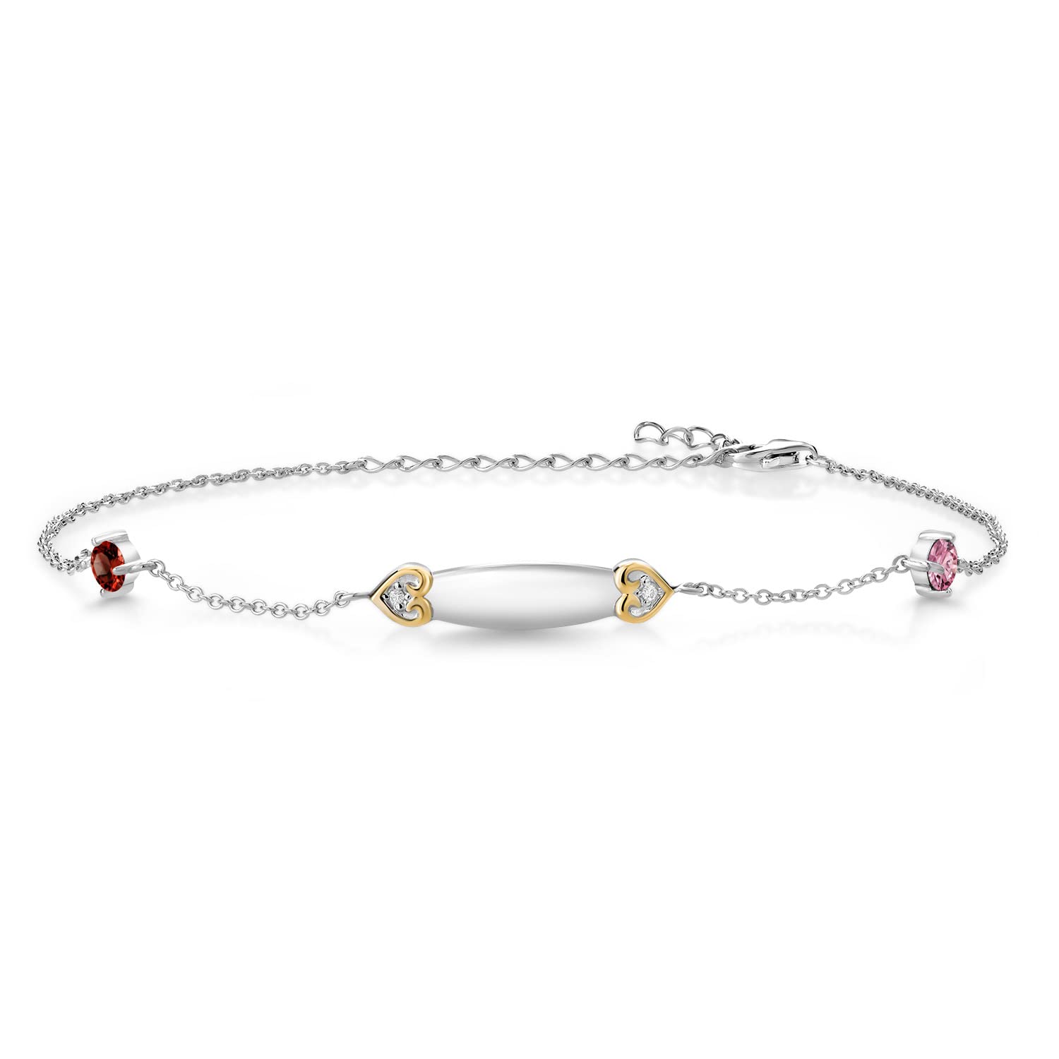 925 Sterling Silver & 10K Yellow Gold Personalized Initial Anklet Bracelet with Genuine Red Garnet & Lab-Created Pink Diamonds (0.64 CTTW) - Custom Name/ID Laser Engraved - 8