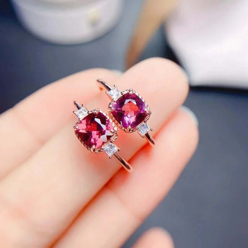 Rhodolite Red Garnet Three Stone Ring | 14K Gold Plated | Elegant Jewelry for Women | Perfect for Weddings, Anniversaries & Special Occasions